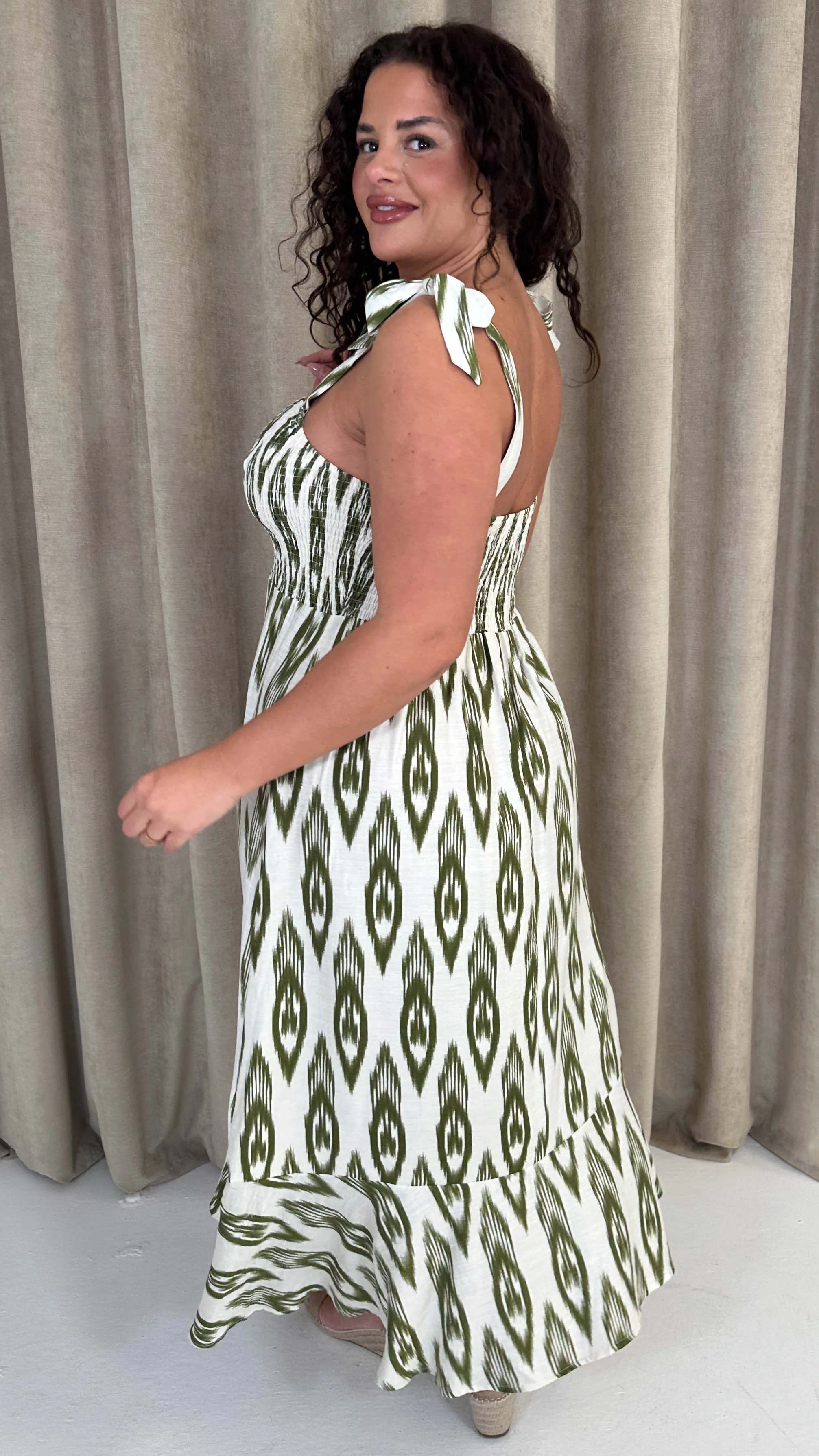 CurveWow Tie Shoulder Strappy Midaxi Dress Green Ikat Print - Image 7