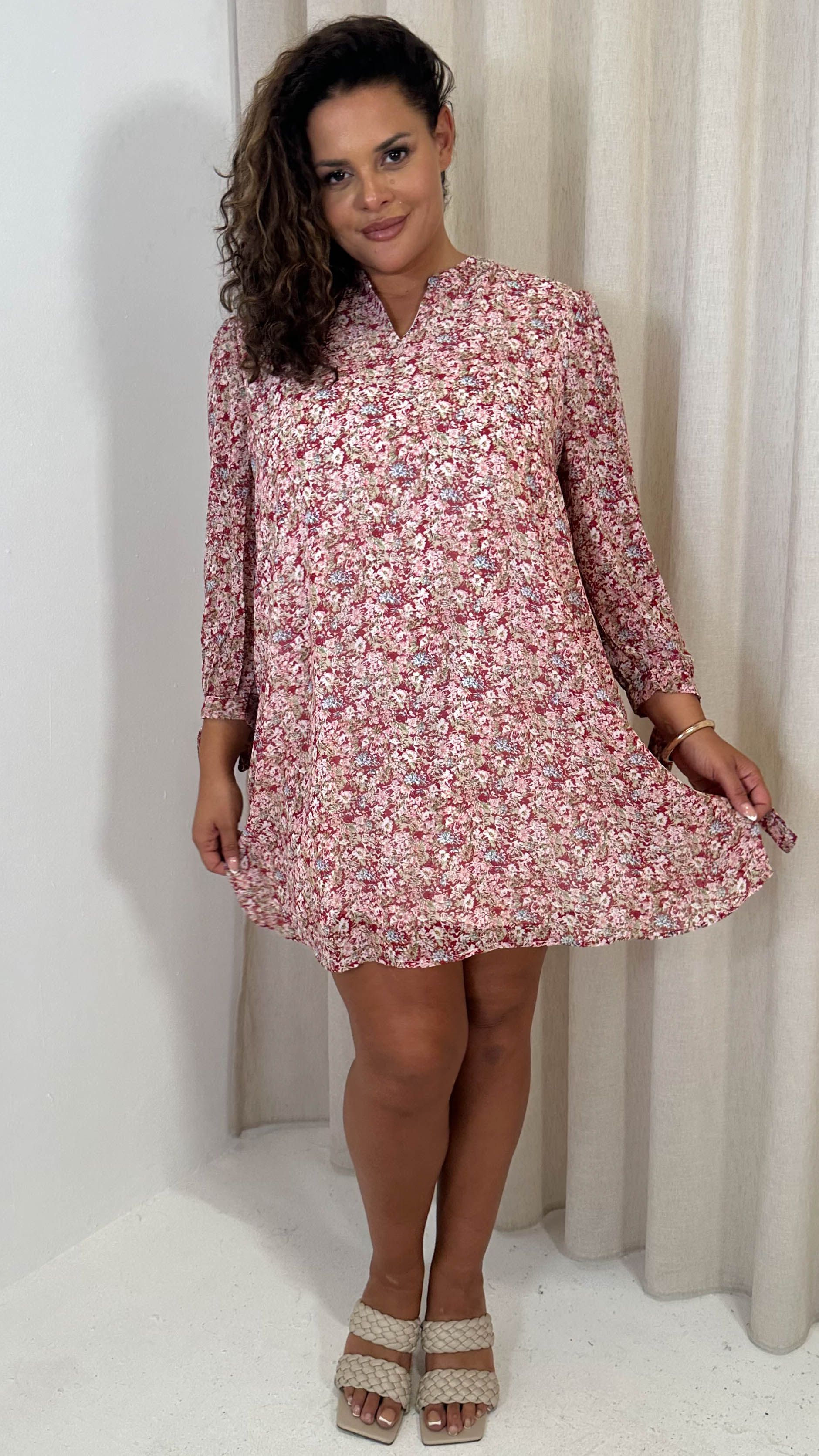 CurveWow Tie Sleeve Tunic Dress Pink & Red Floral - Image 7