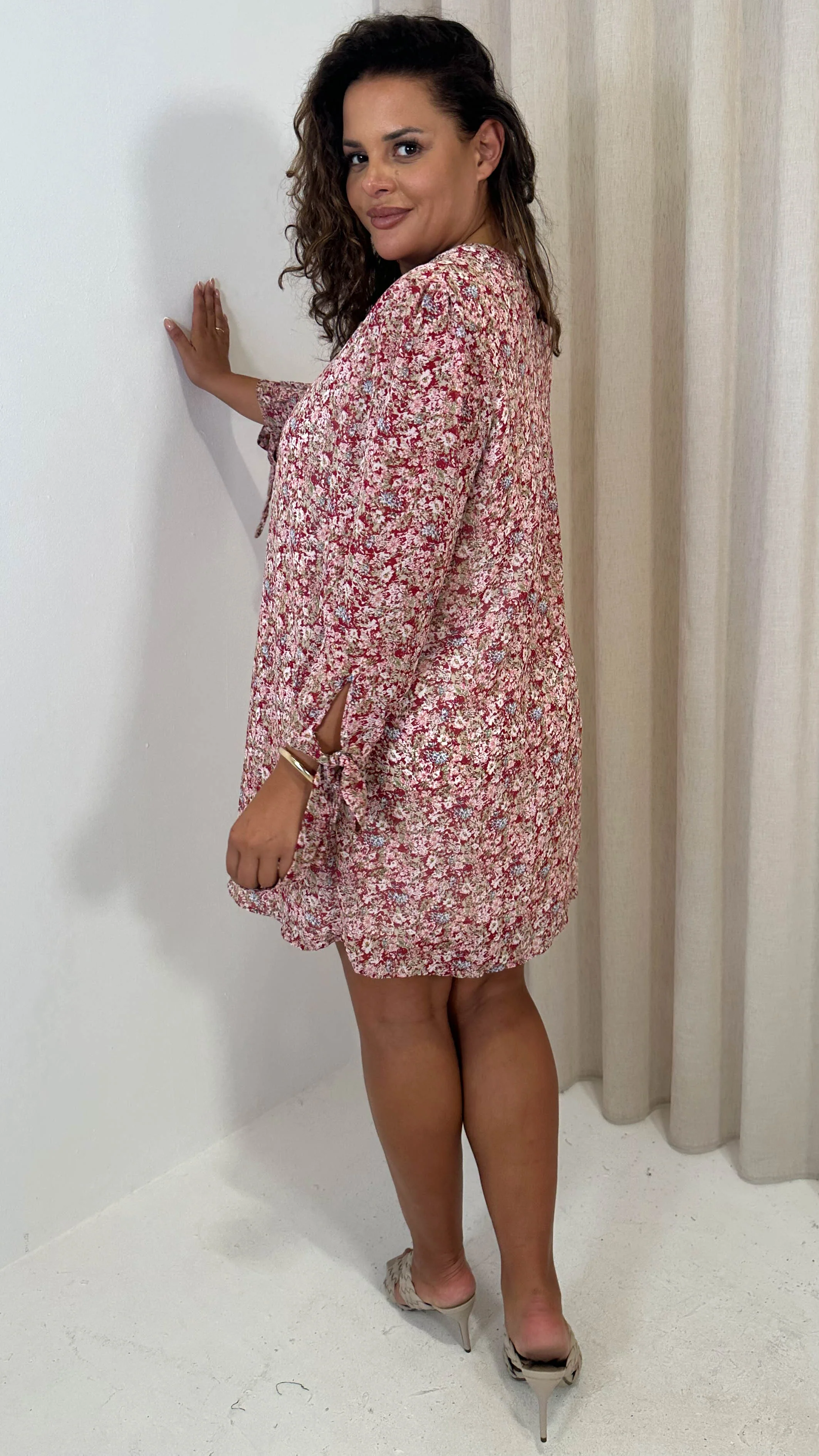 CurveWow Tie Sleeve Tunic Dress Pink & Red Floral - Image 9