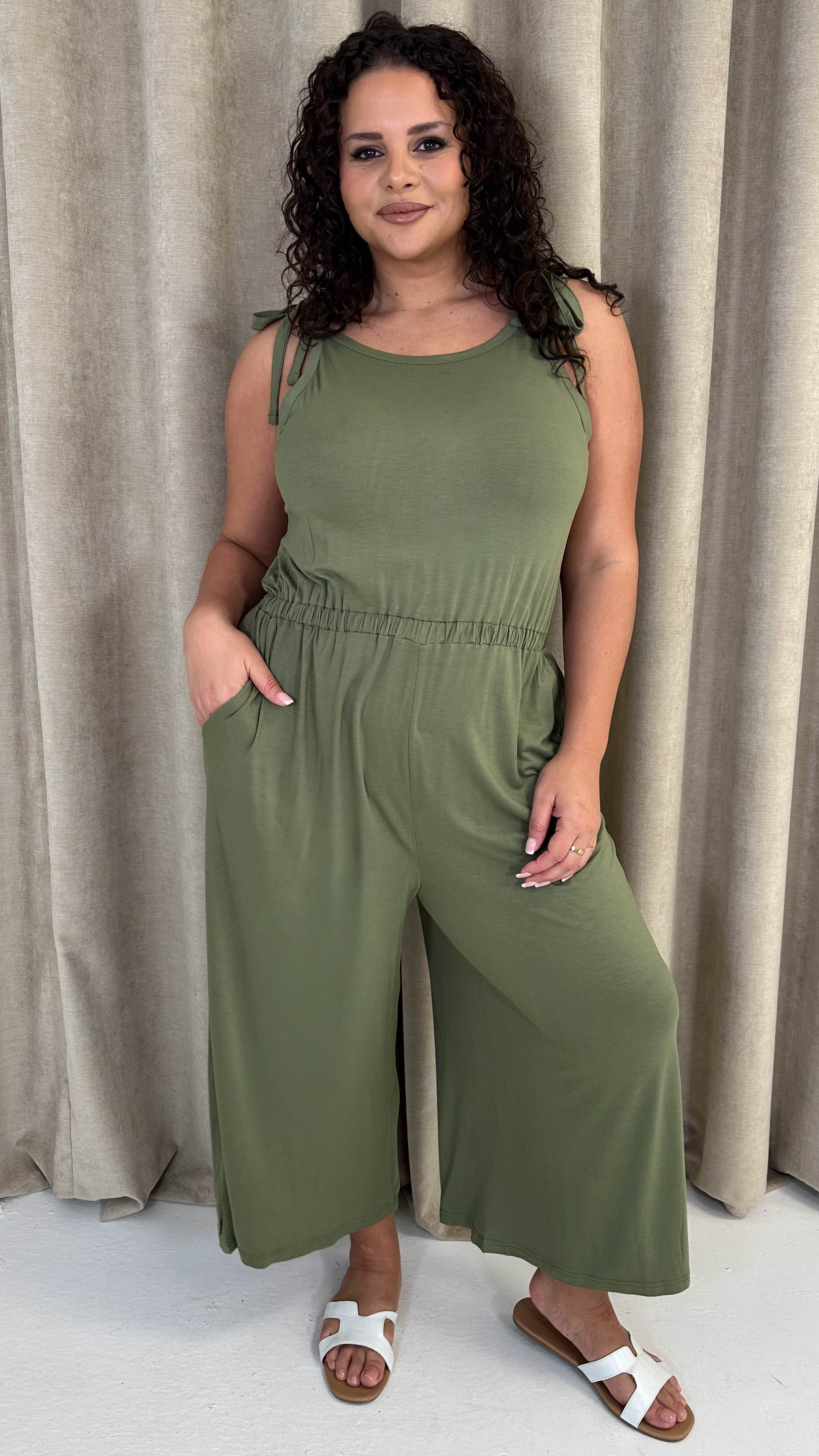 CurveWow Tie Shoulder Culotte Jumpsuit Khaki