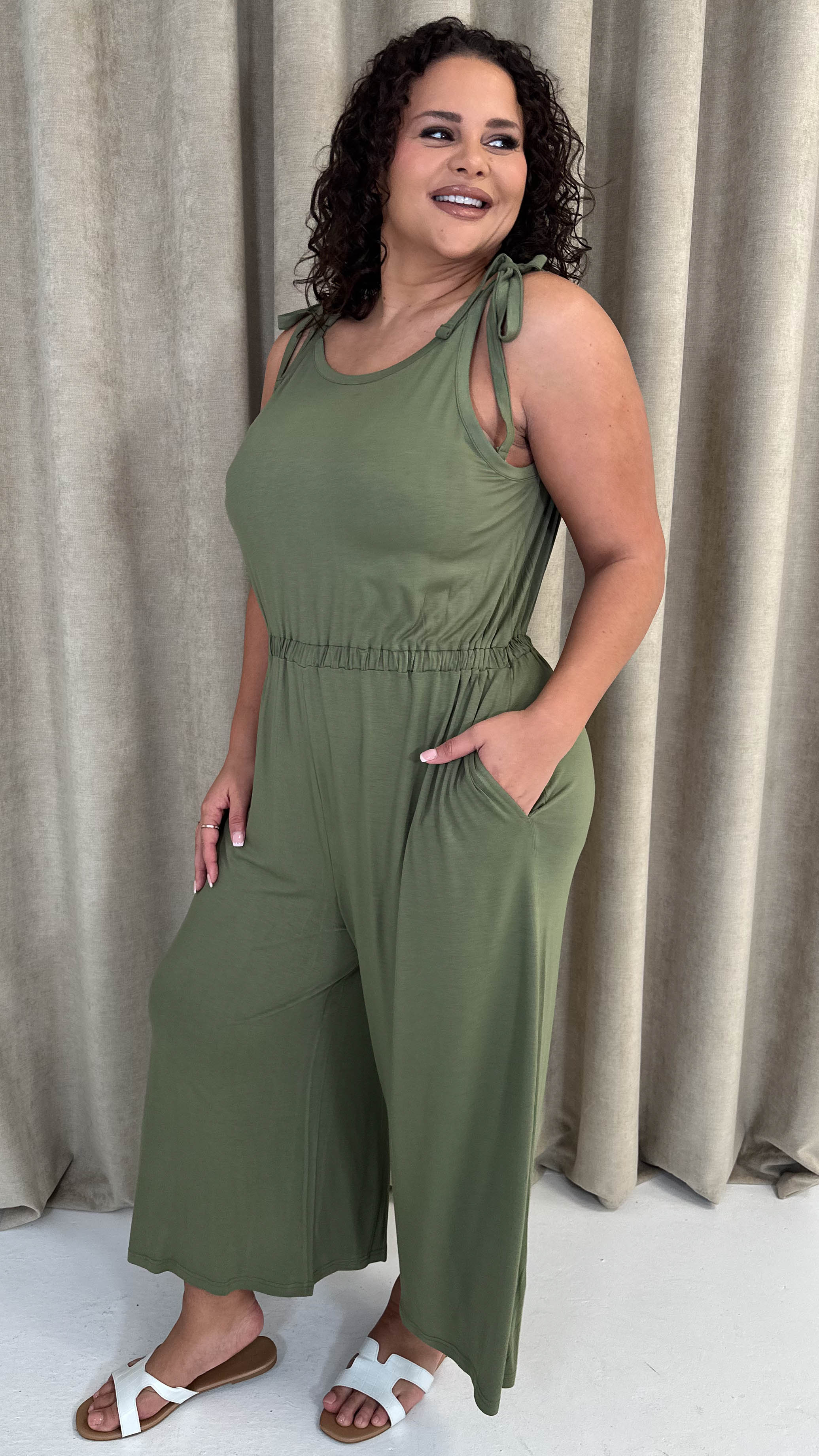 CurveWow Tie Shoulder Culotte Jumpsuit Khaki - Image 3