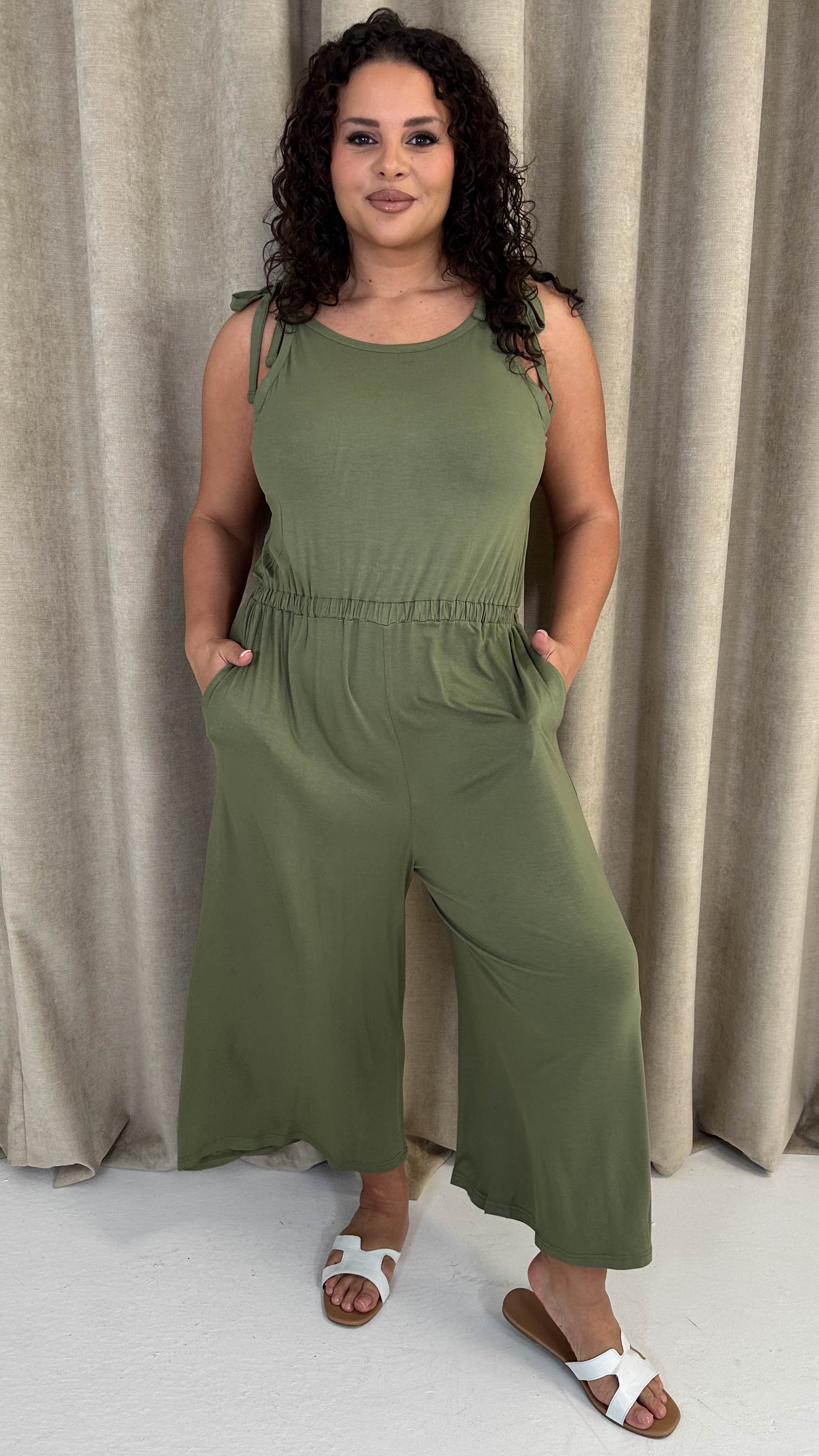 CurveWow Tie Shoulder Culotte Jumpsuit Khaki - Image 6