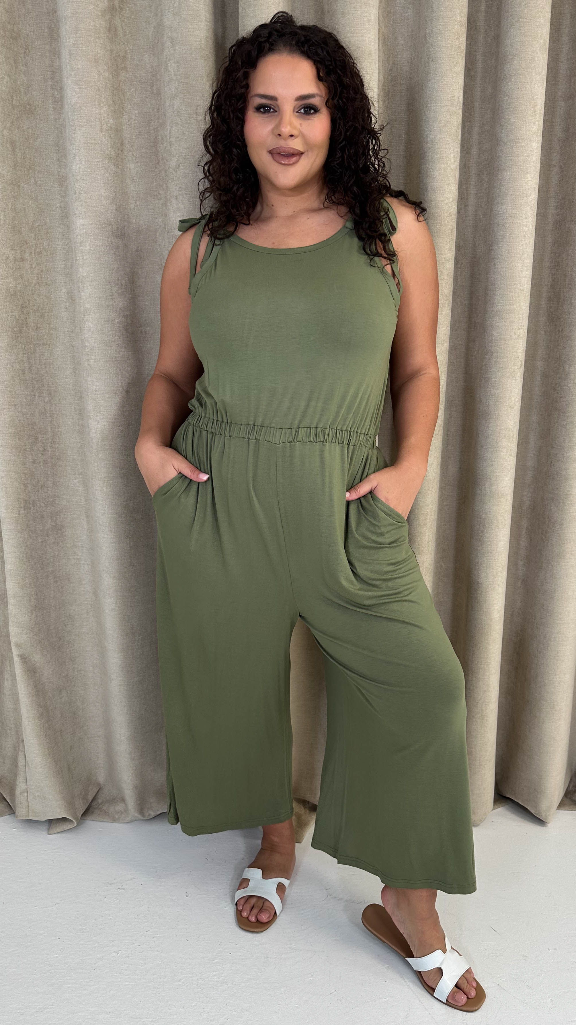 CurveWow Tie Shoulder Culotte Jumpsuit Khaki - Image 7