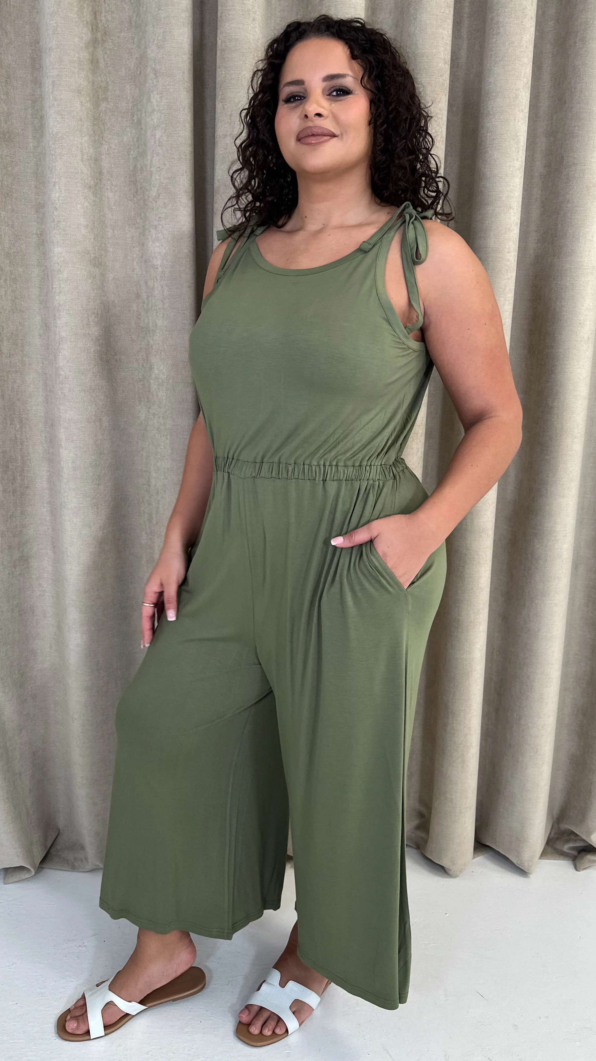 CurveWow Tie Shoulder Culotte Jumpsuit Khaki - Image 8