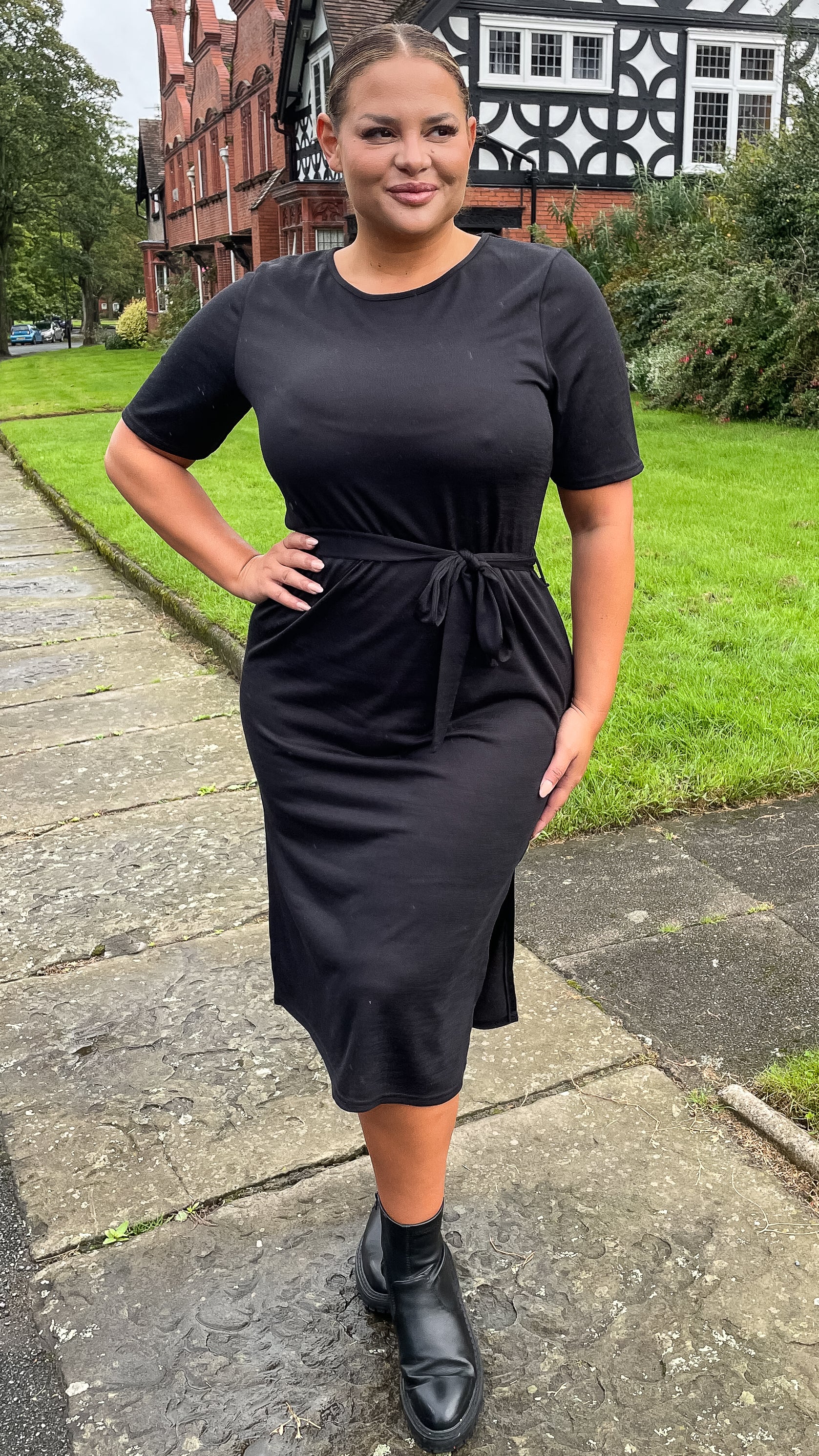 CurveWow Tie Waist Knit Dress Black