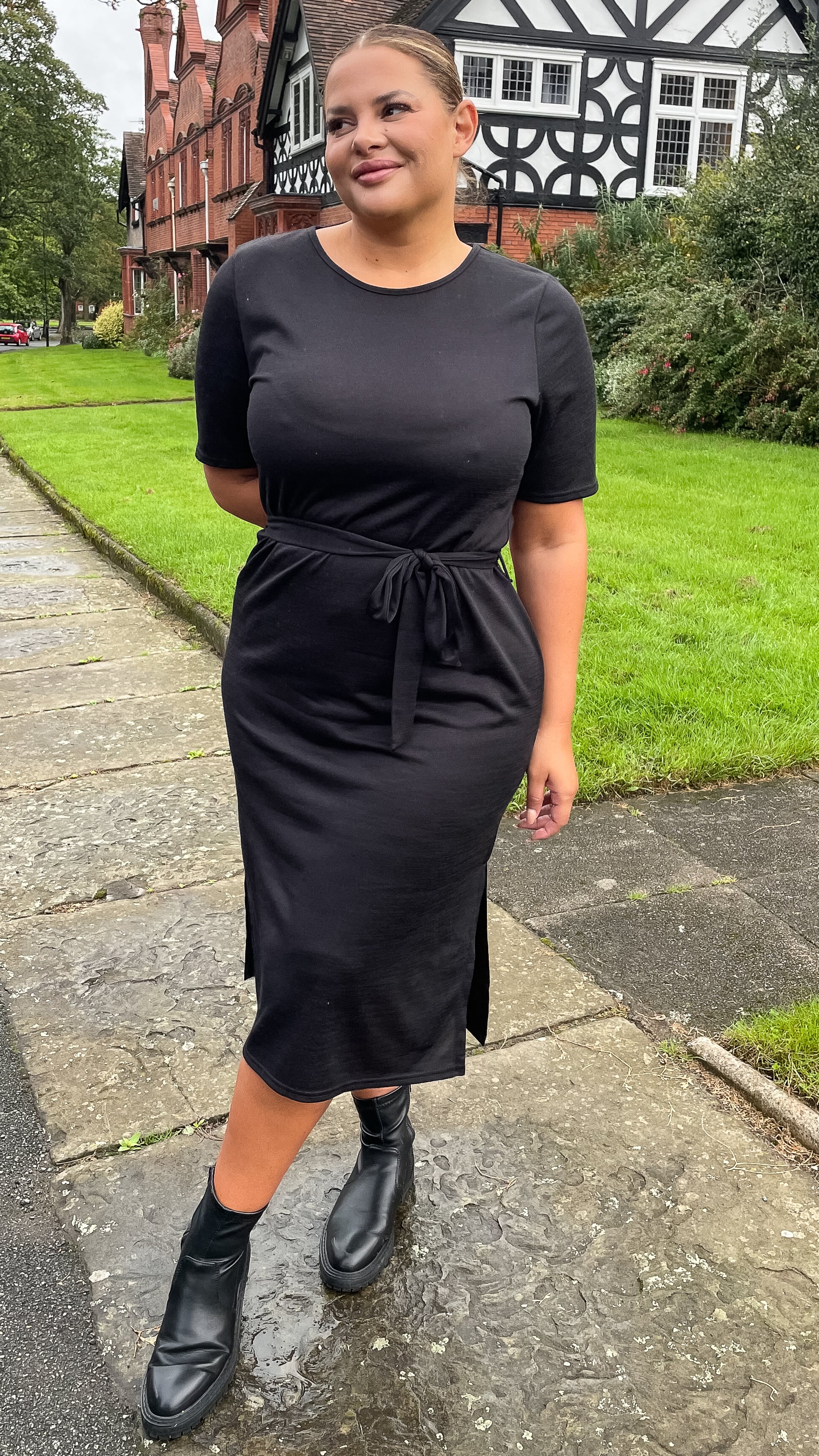 CurveWow Tie Waist Knit Dress Black - Image 3