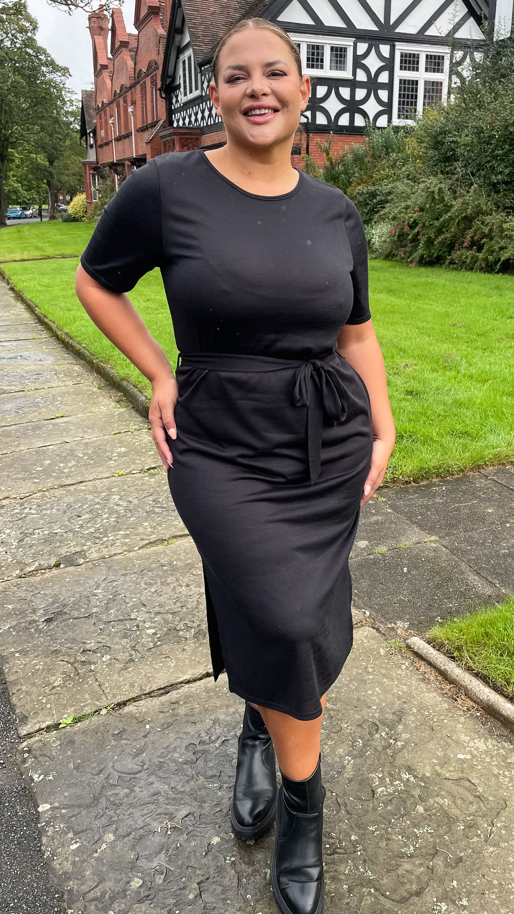 CurveWow Tie Waist Knit Dress Black - Image 5