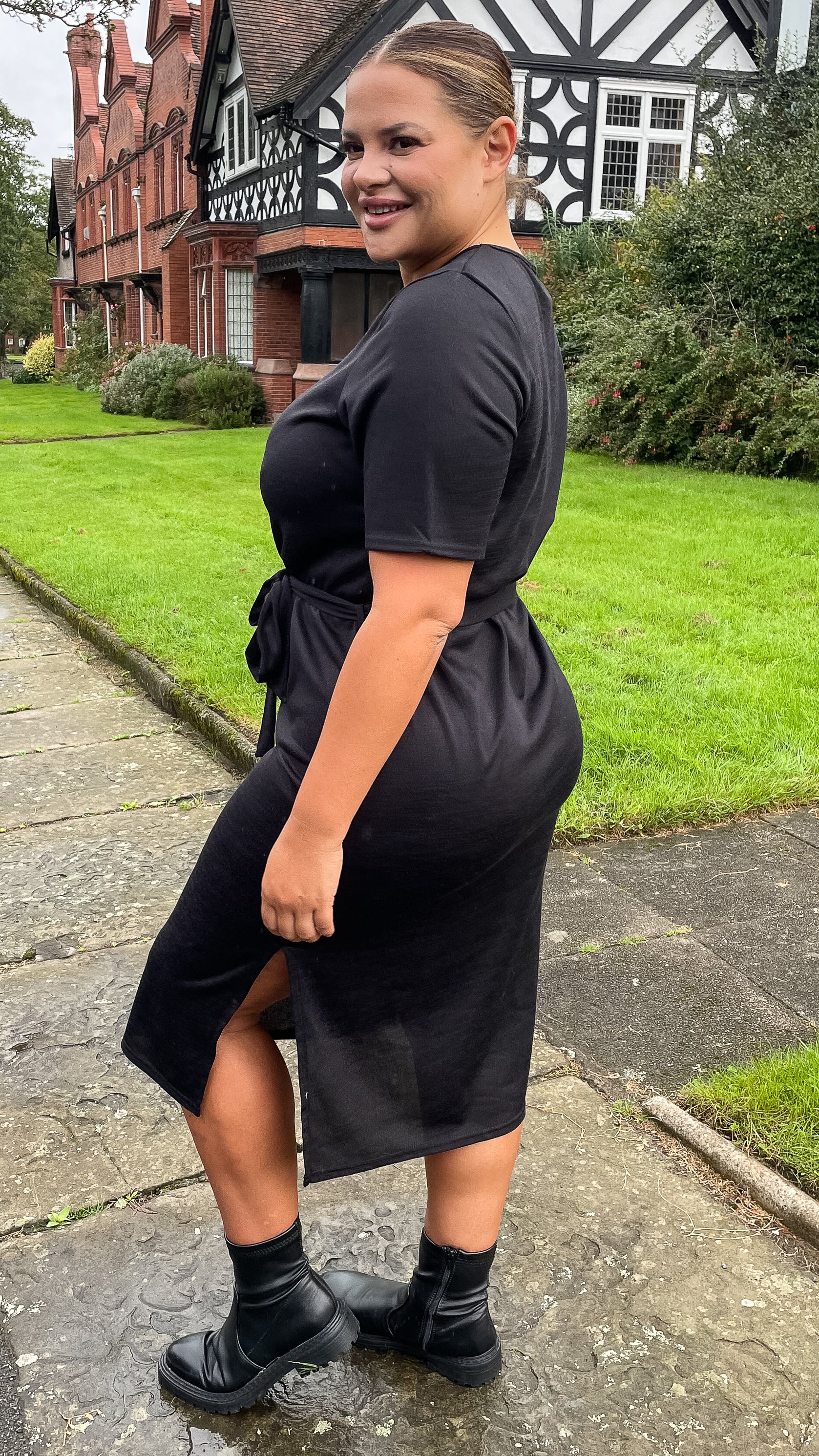 CurveWow Tie Waist Knit Dress Black - Image 7
