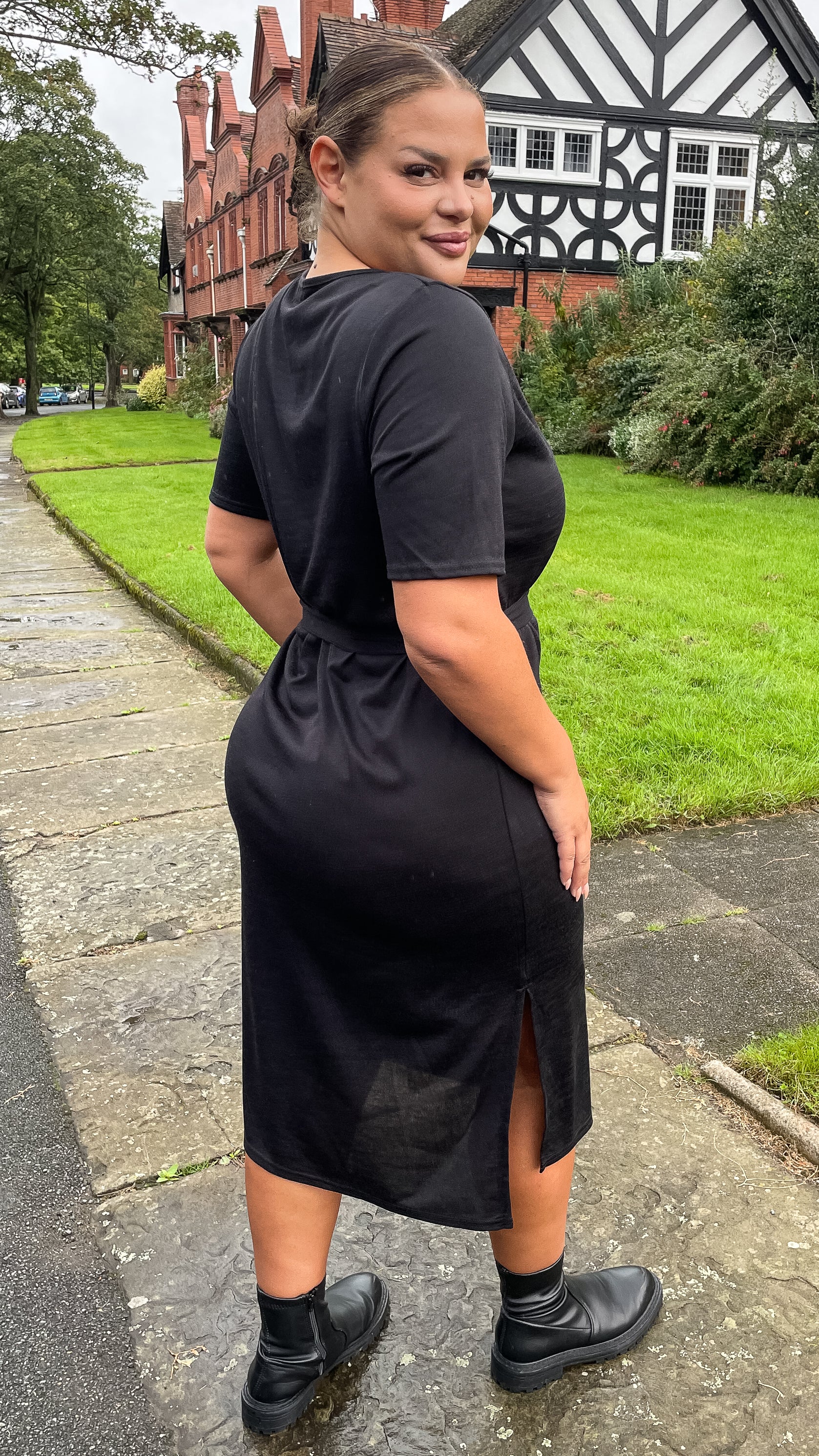 CurveWow Tie Waist Knit Dress Black - Image 8