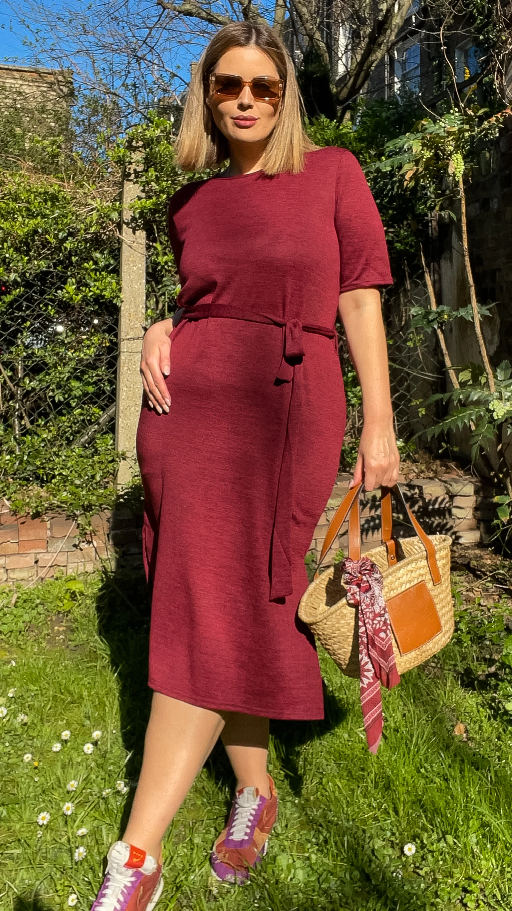 CurveWow Tie Waist Knit Dress Wine - Image 6