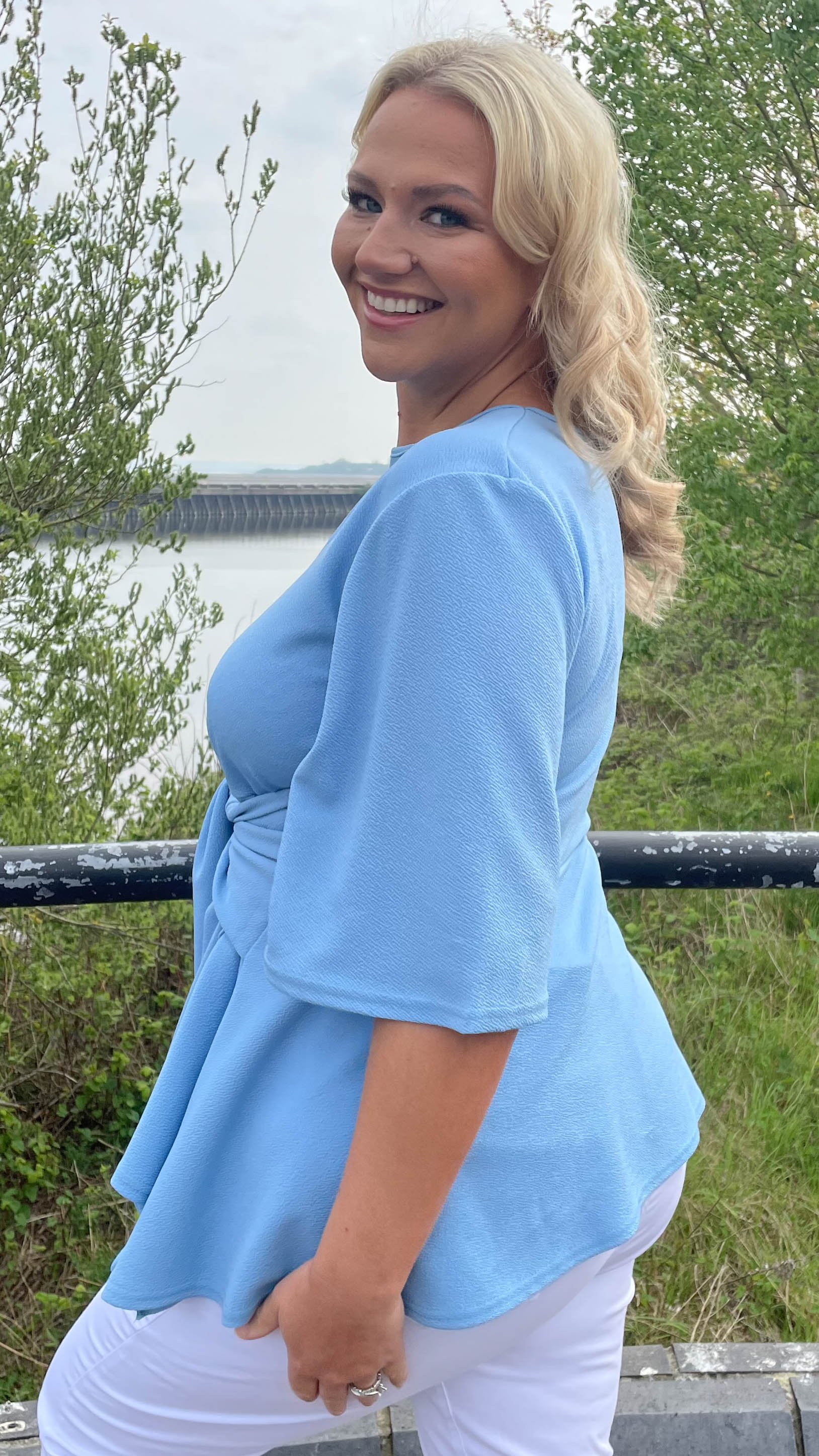 CurveWow Tie Waist Peplum Top Blue - Image 5