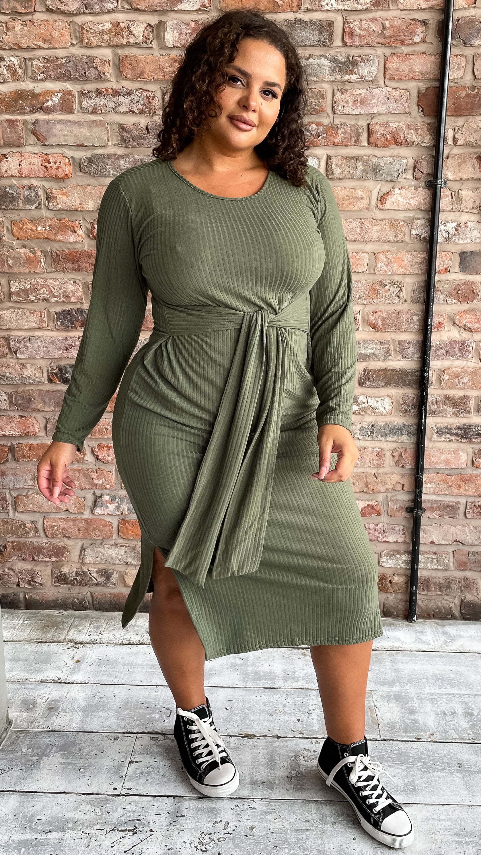 CurveWow Tie Waist Ribbed Midi Dress Khaki - Image 4