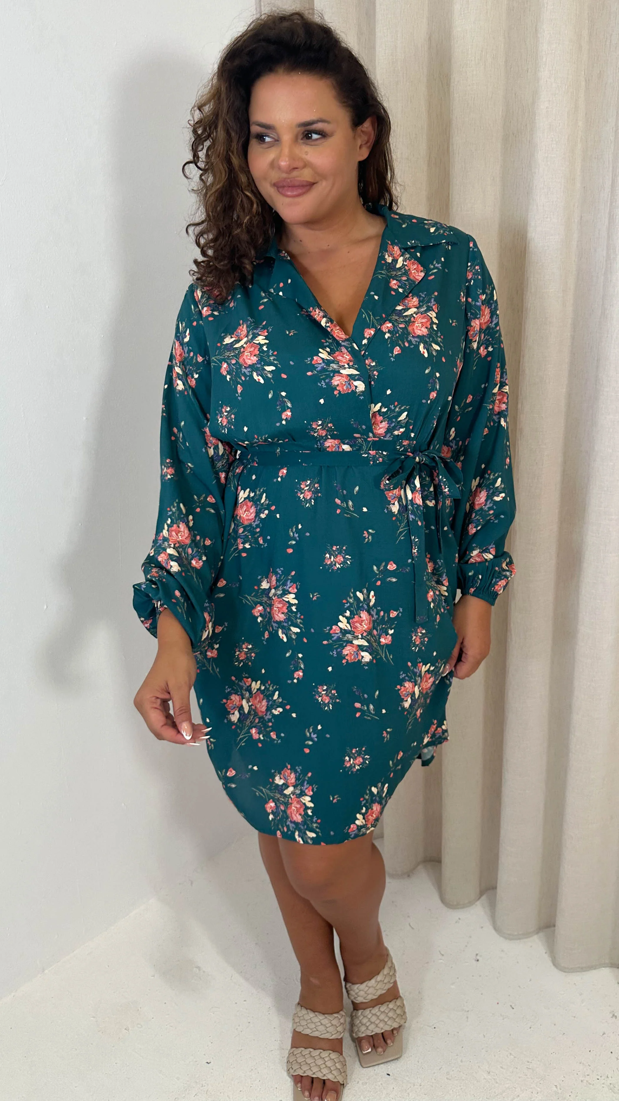 CurveWow Tie Waist Shirt Mini Dress Teal Floral - Image 5
