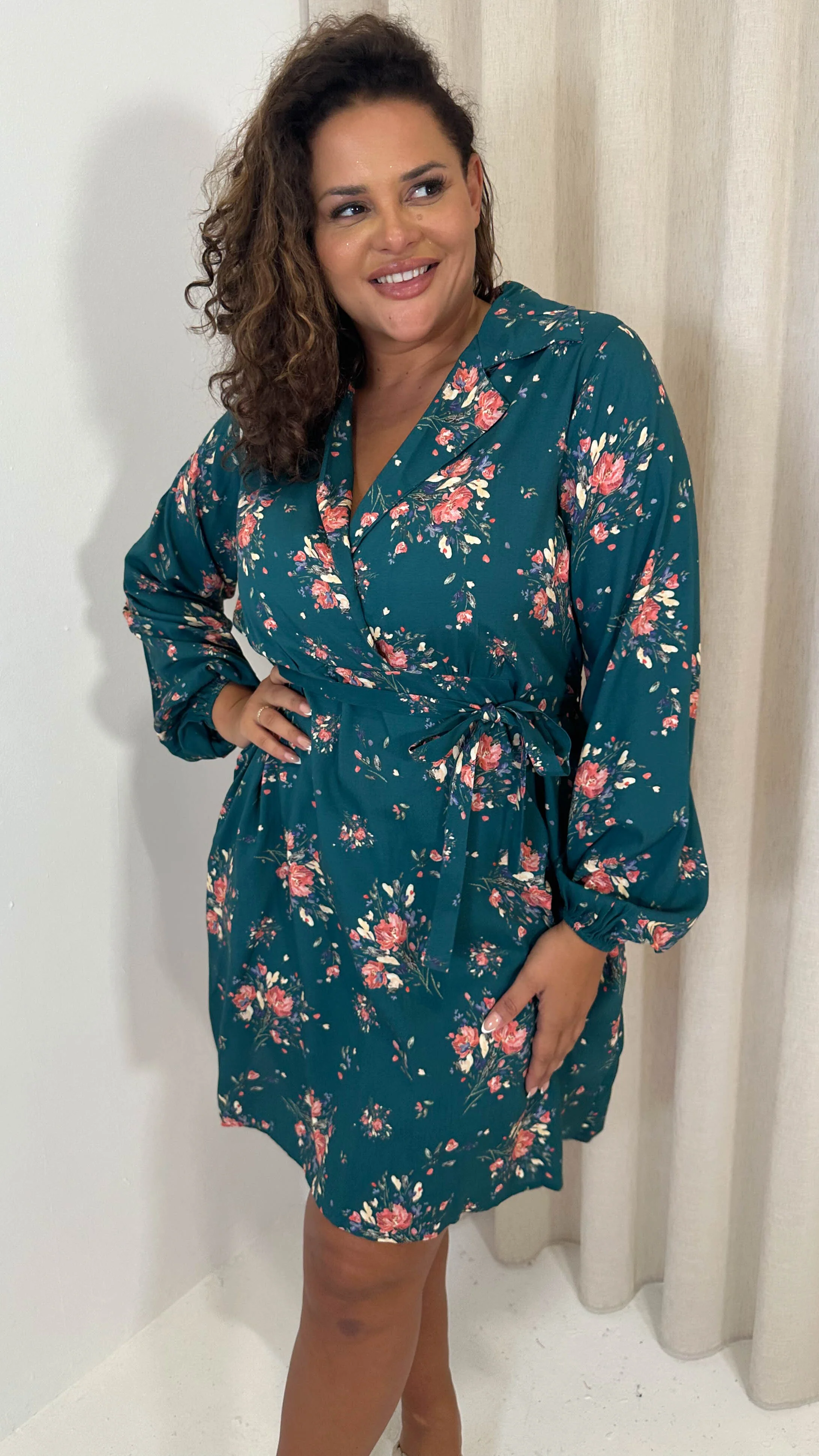 CurveWow Tie Waist Shirt Mini Dress Teal Floral - Image 8