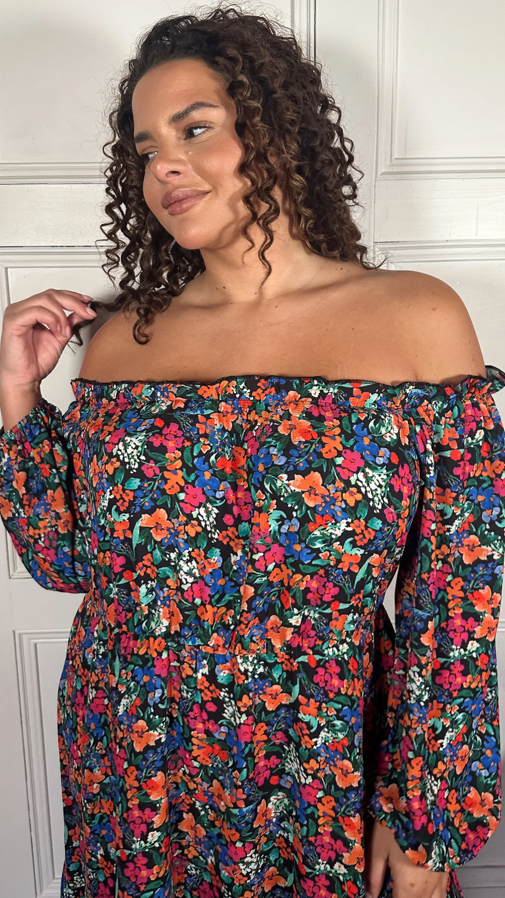 CurveWow Tiered Bardot Maxi Dress Multi Floral - Image 6