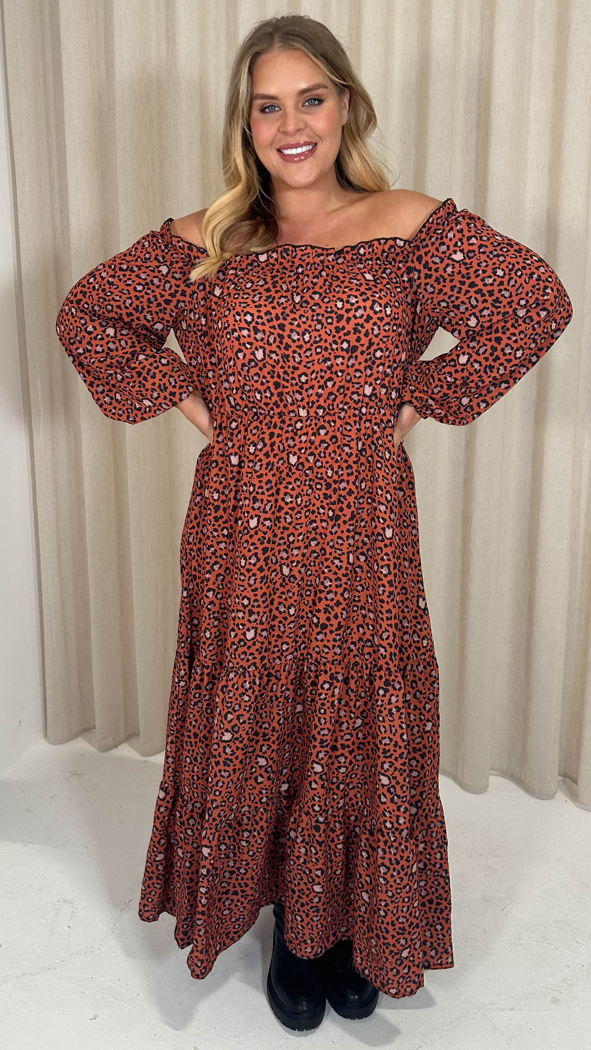 CurveWow Tiered Bardot Maxi Dress Rust Animal - Image 3
