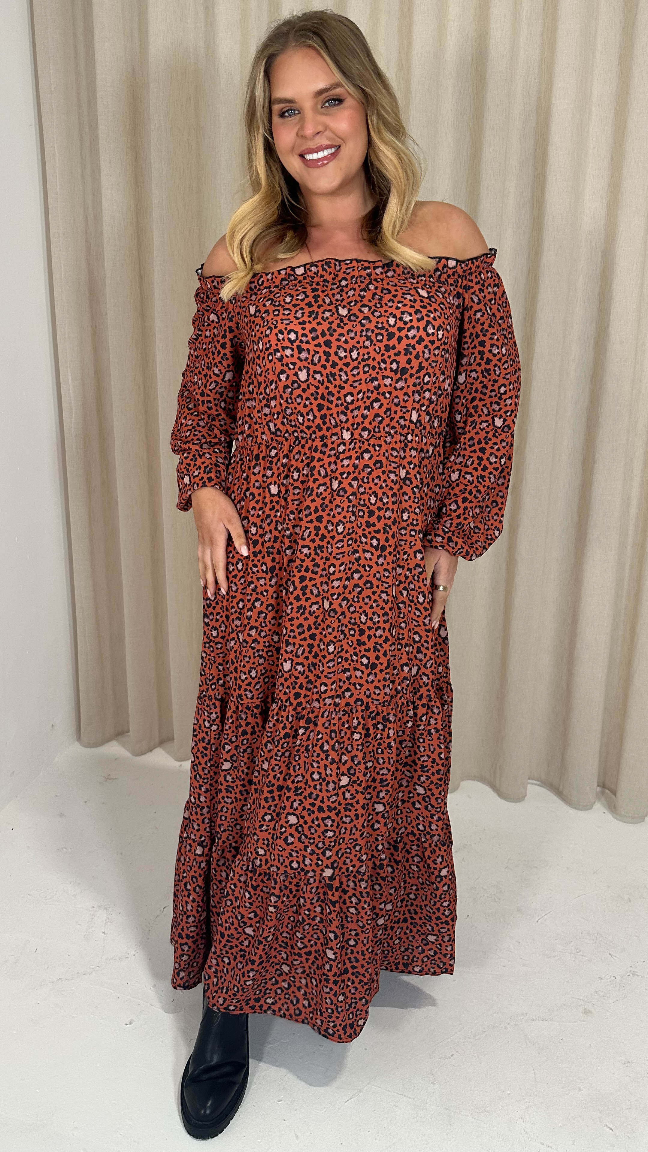 CurveWow Tiered Bardot Maxi Dress Rust Animal - Image 6
