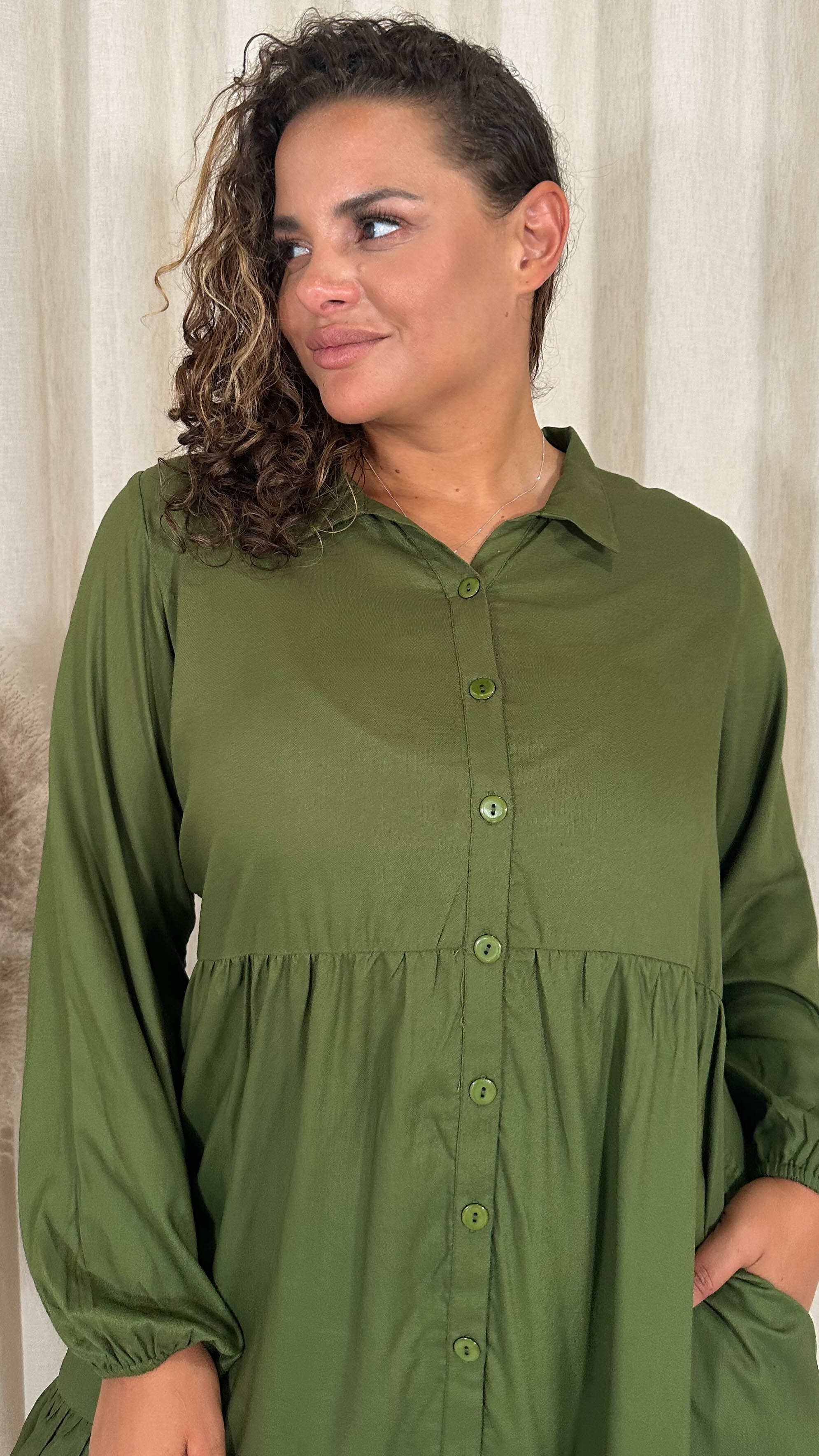 CurveWow Tiered Cargo Shirt Dress Khaki - Image 2