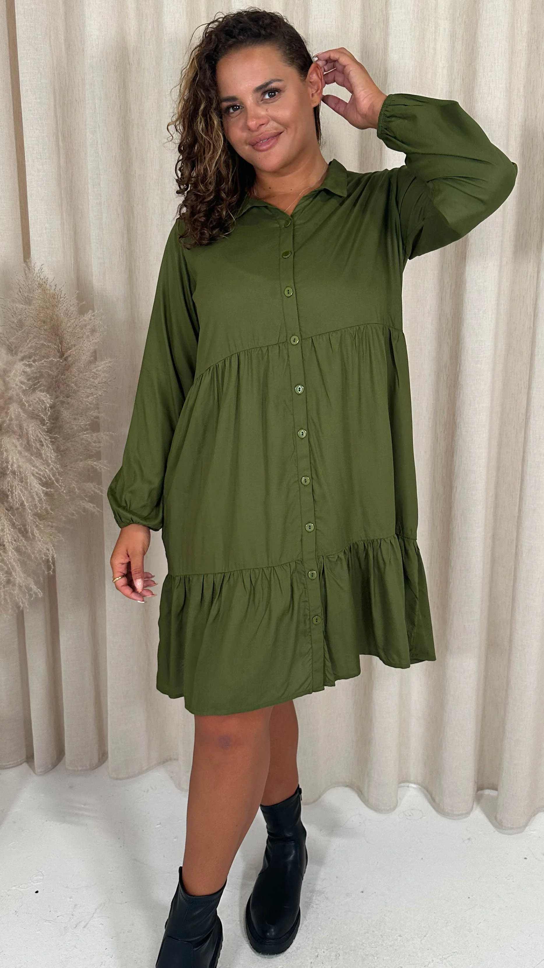 CurveWow Tiered Cargo Shirt Dress Khaki - Image 3