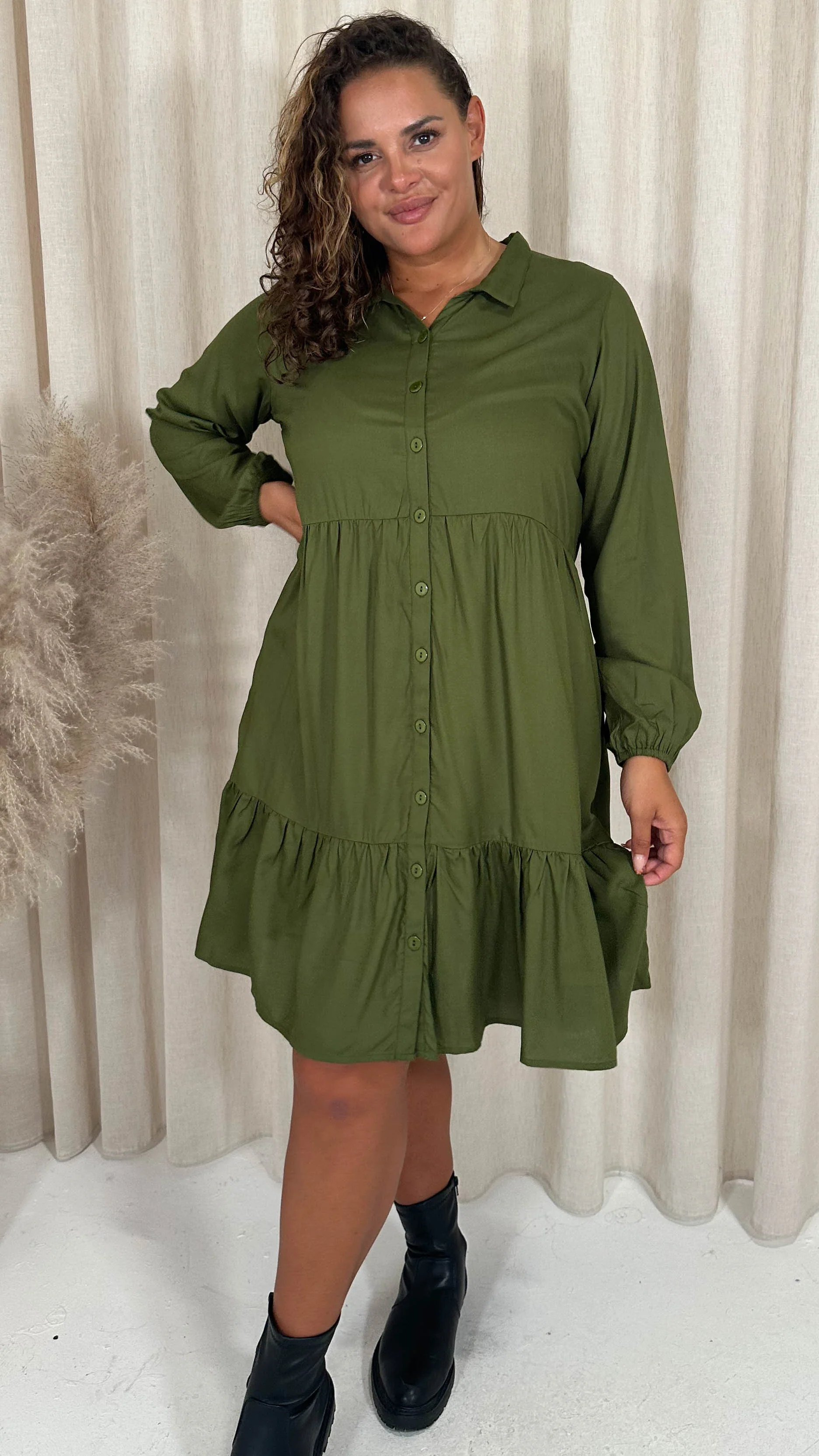 CurveWow Tiered Cargo Shirt Dress Khaki - Image 4