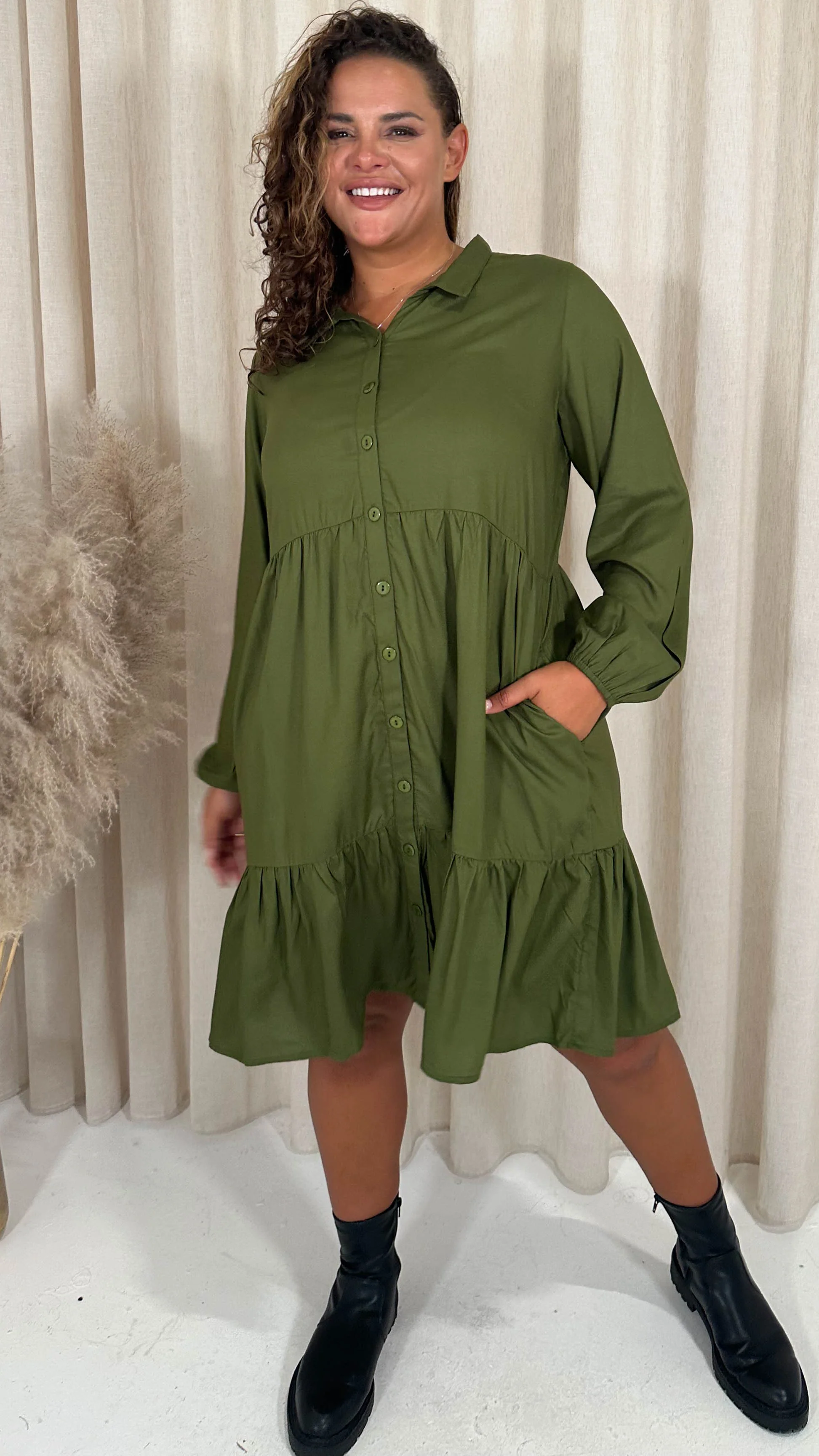 CurveWow Tiered Cargo Shirt Dress Khaki - Image 5