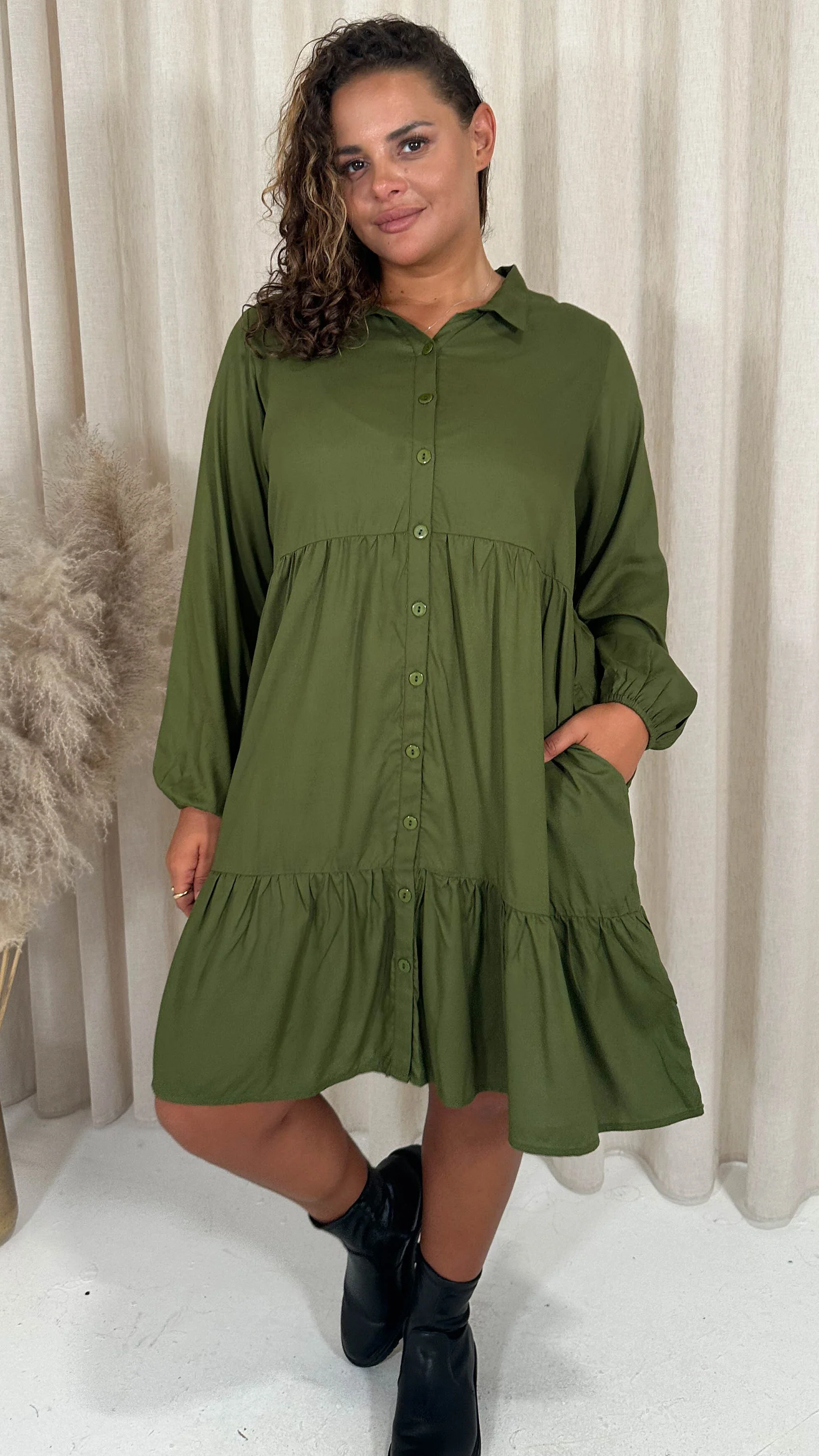CurveWow Tiered Cargo Shirt Dress Khaki - Image 6