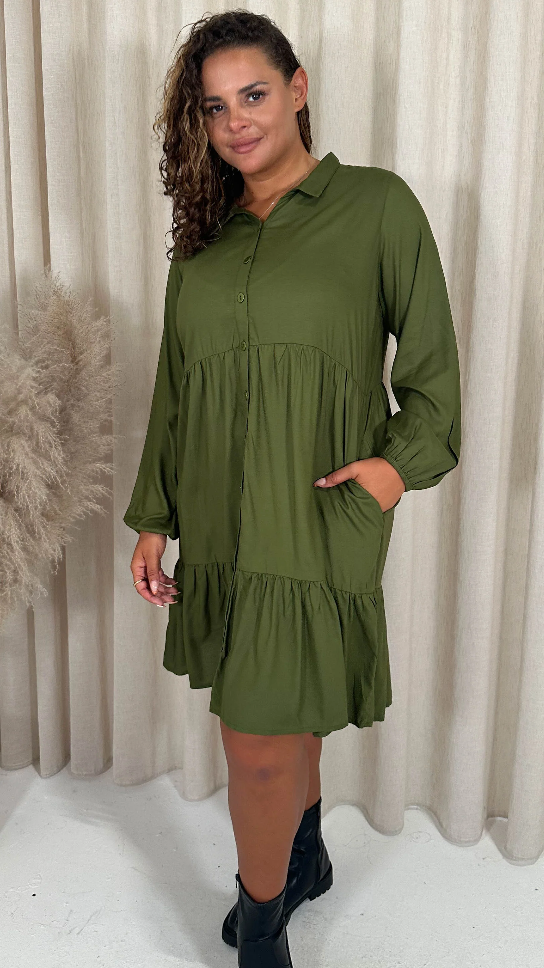 CurveWow Tiered Cargo Shirt Dress Khaki - Image 7