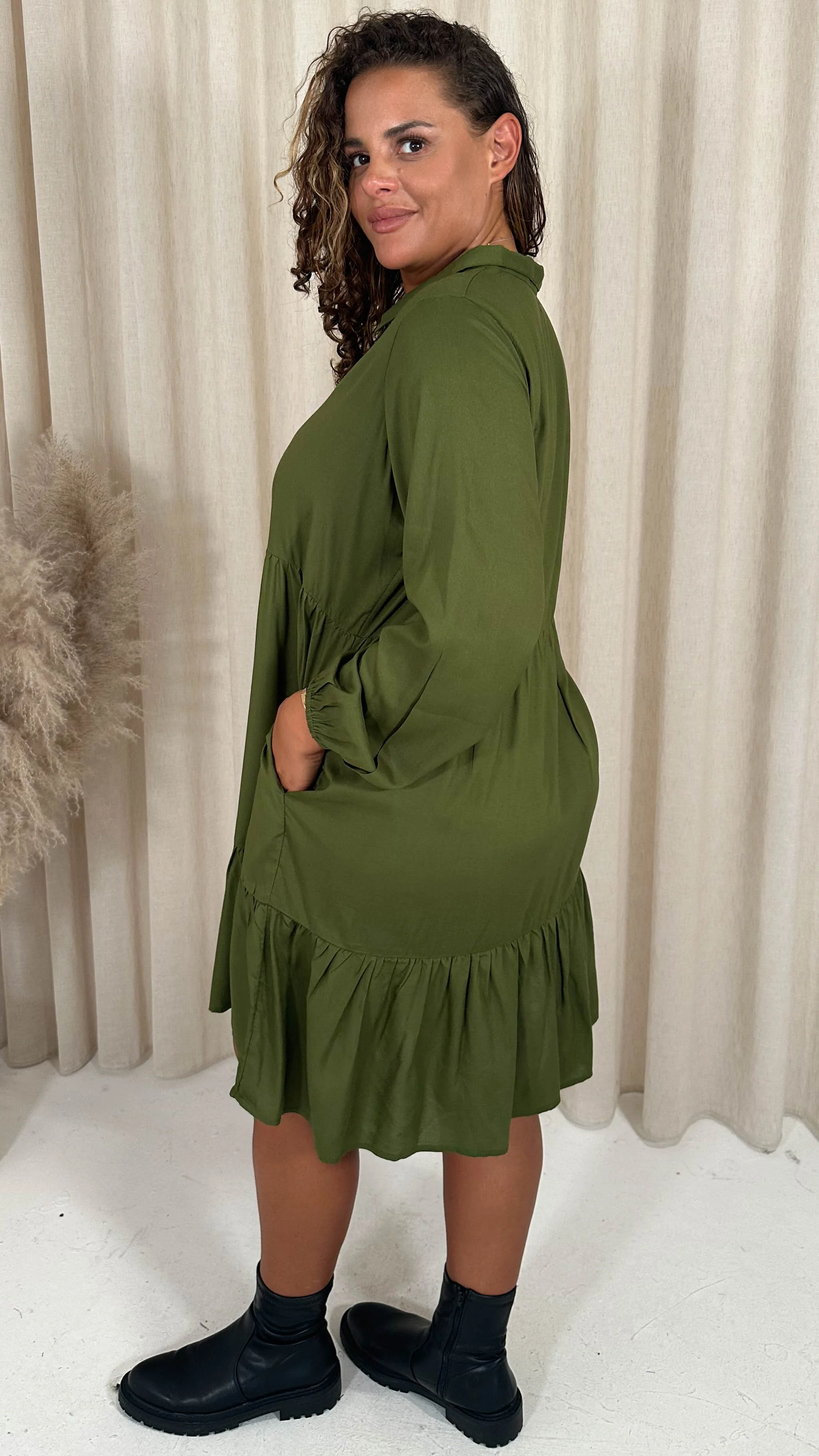 CurveWow Tiered Cargo Shirt Dress Khaki - Image 8