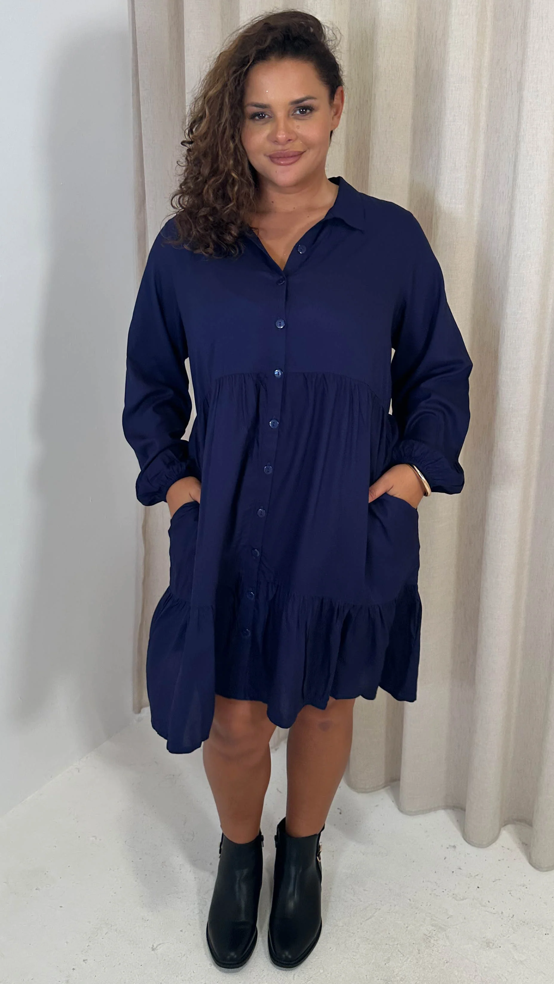 CurveWow Tiered Cargo Shirt Dress Navy - Image 3
