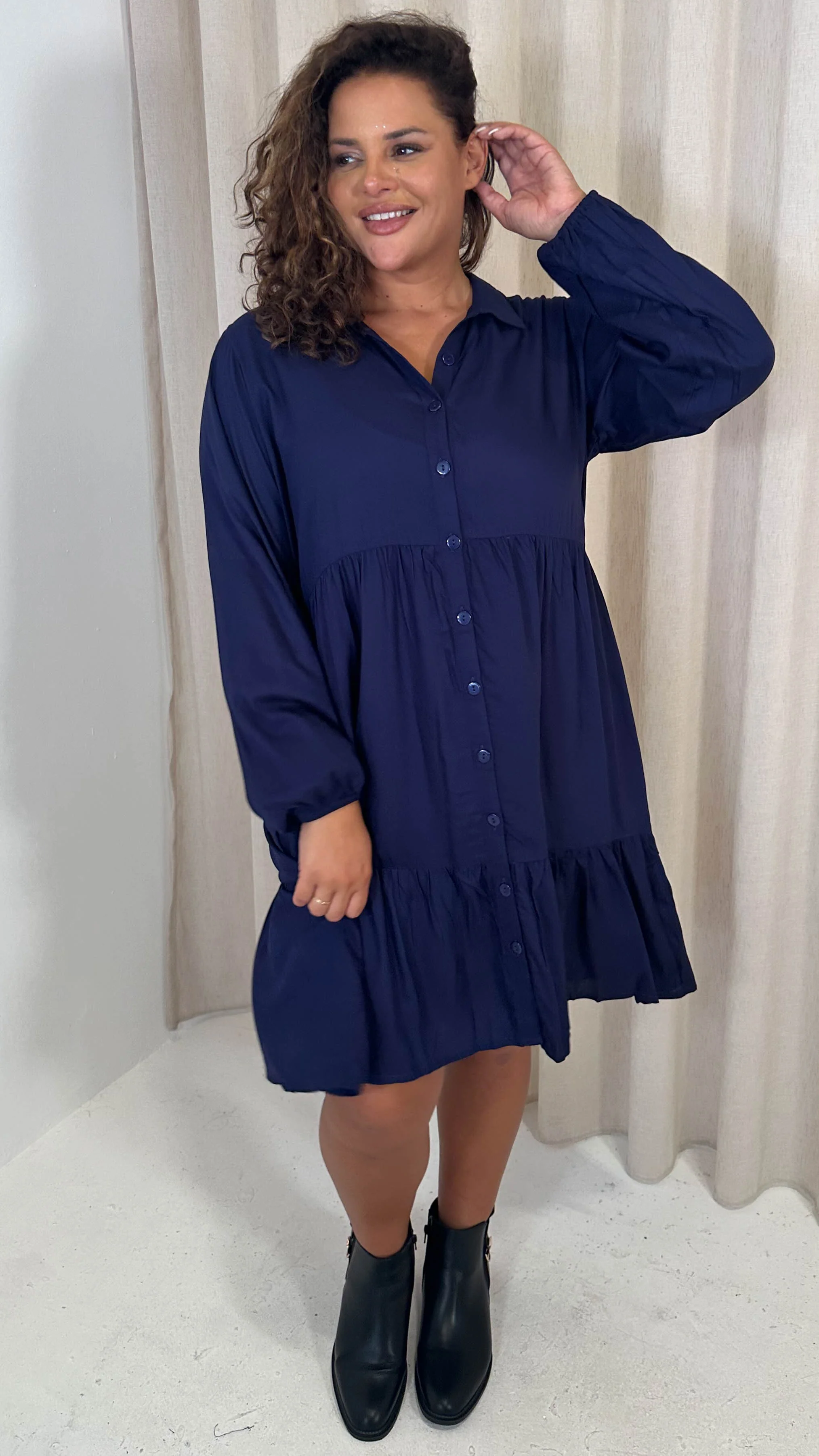 CurveWow Tiered Cargo Shirt Dress Navy - Image 5