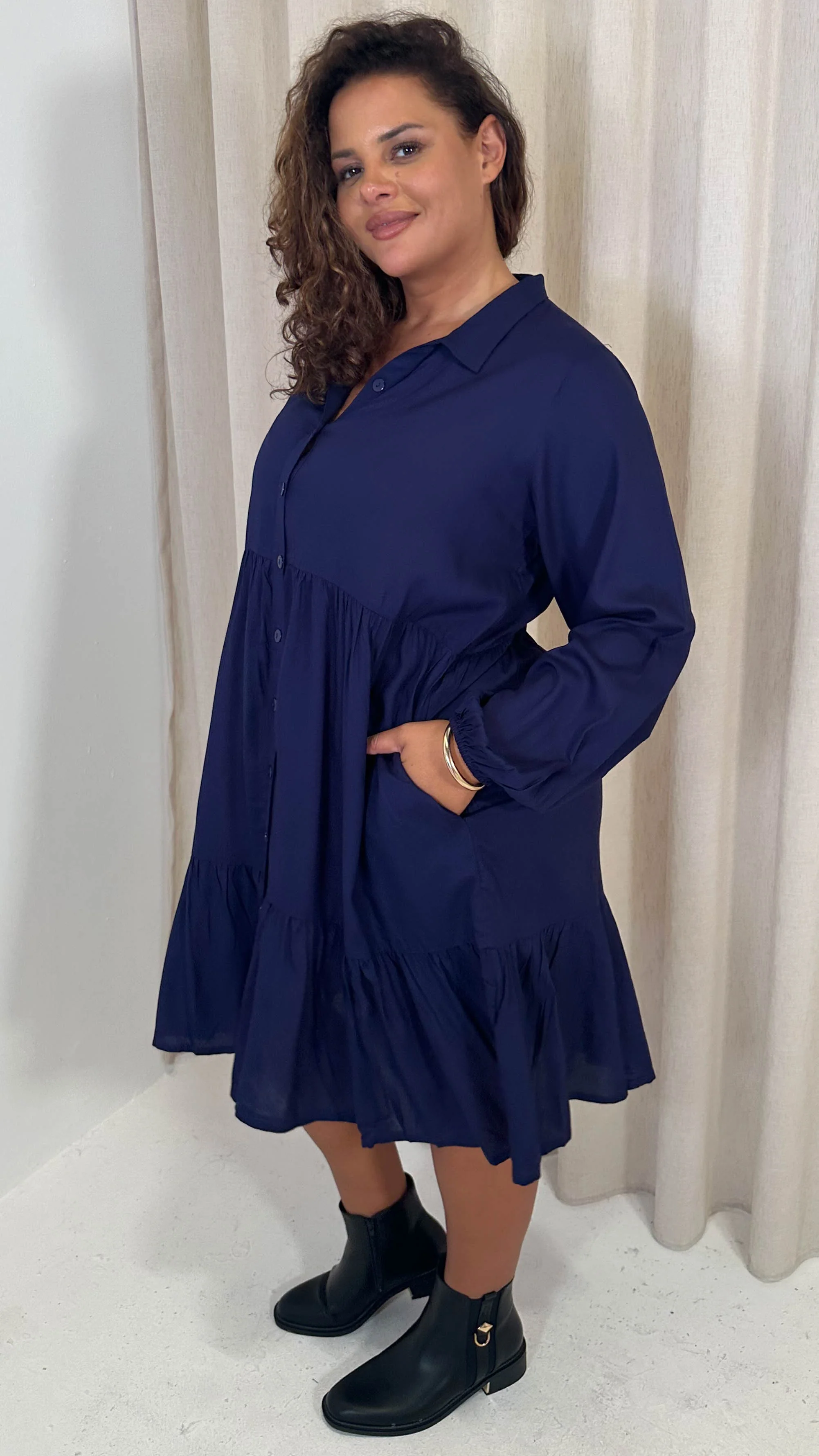 CurveWow Tiered Cargo Shirt Dress Navy - Image 6