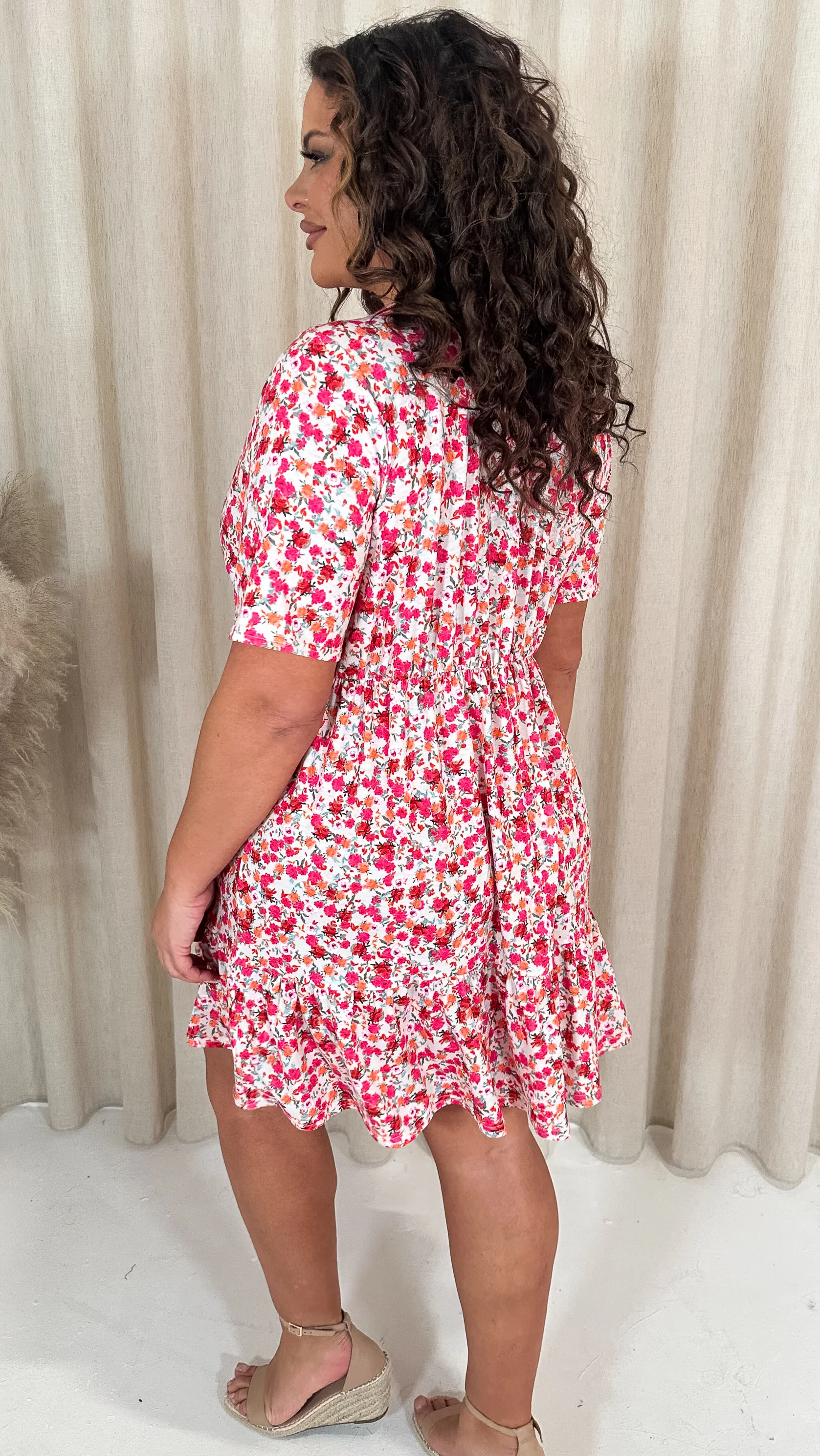 CurveWow Tiered Hem Wrap Dress Pink Multi Ditsy - Image 7