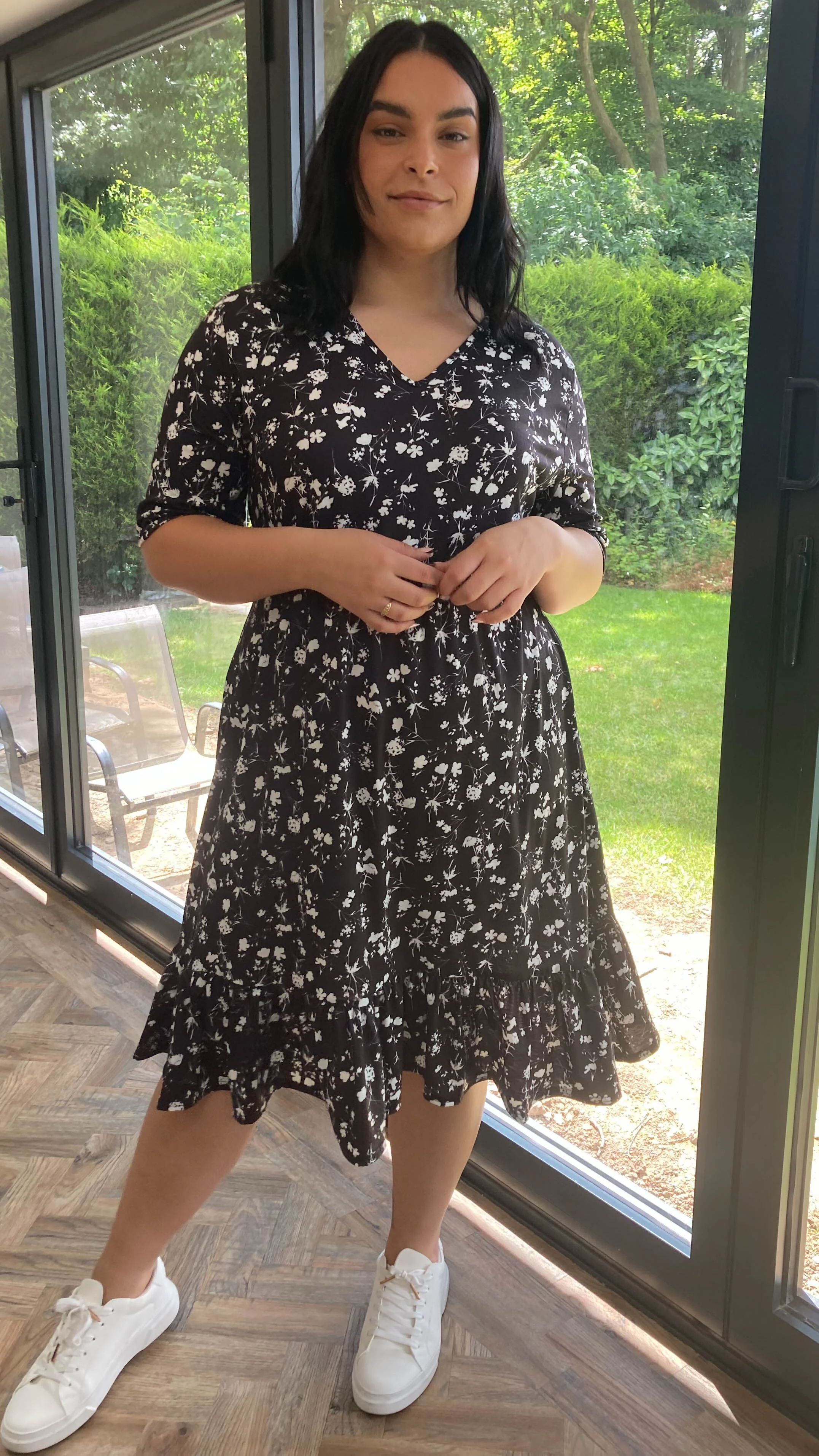 CurveWow Black Floral Tiered Smock Dress - Image 3