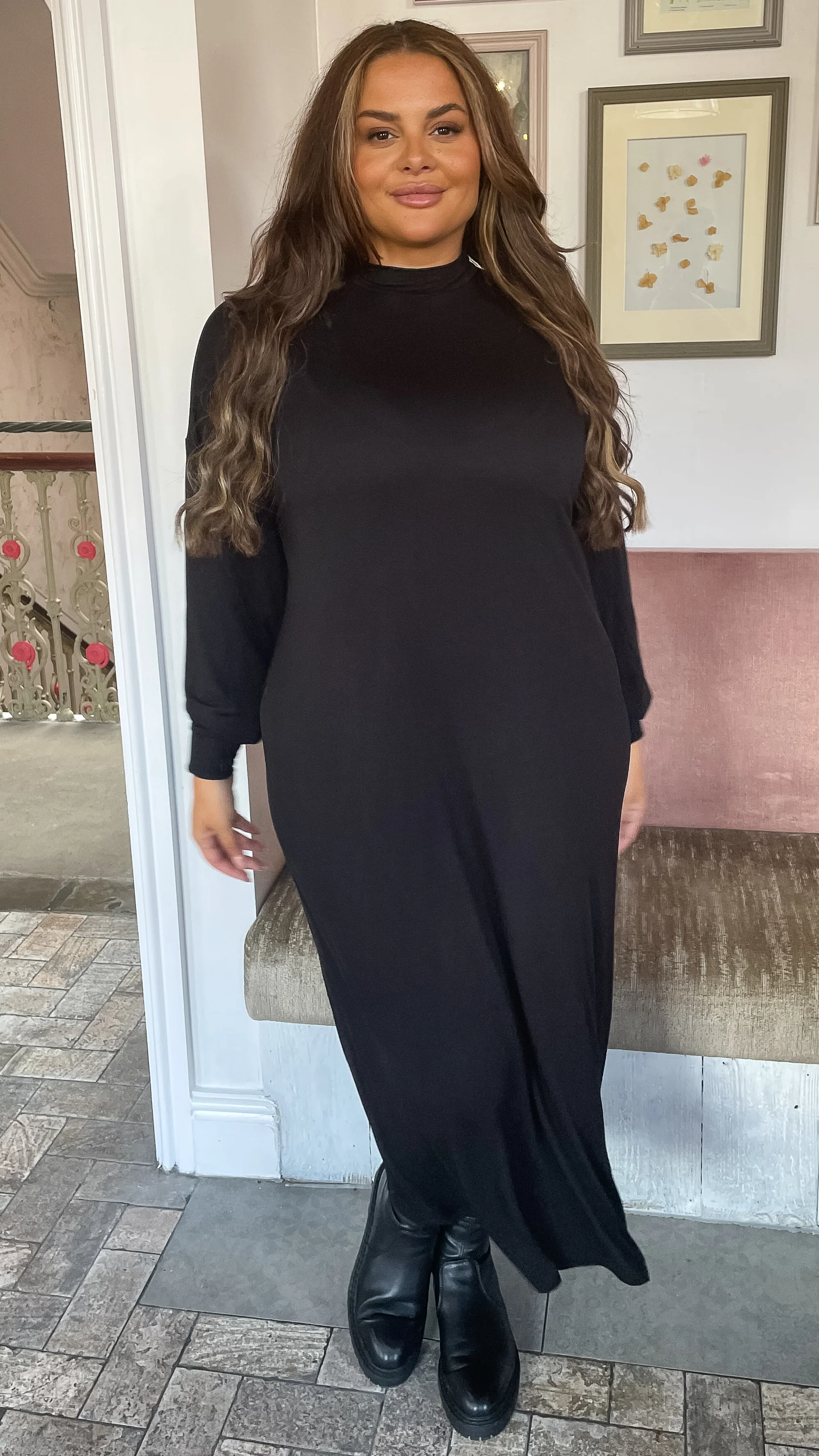 CurveWow Turtle Neck Balloon Sleeve Midi Dress Black - Image 7