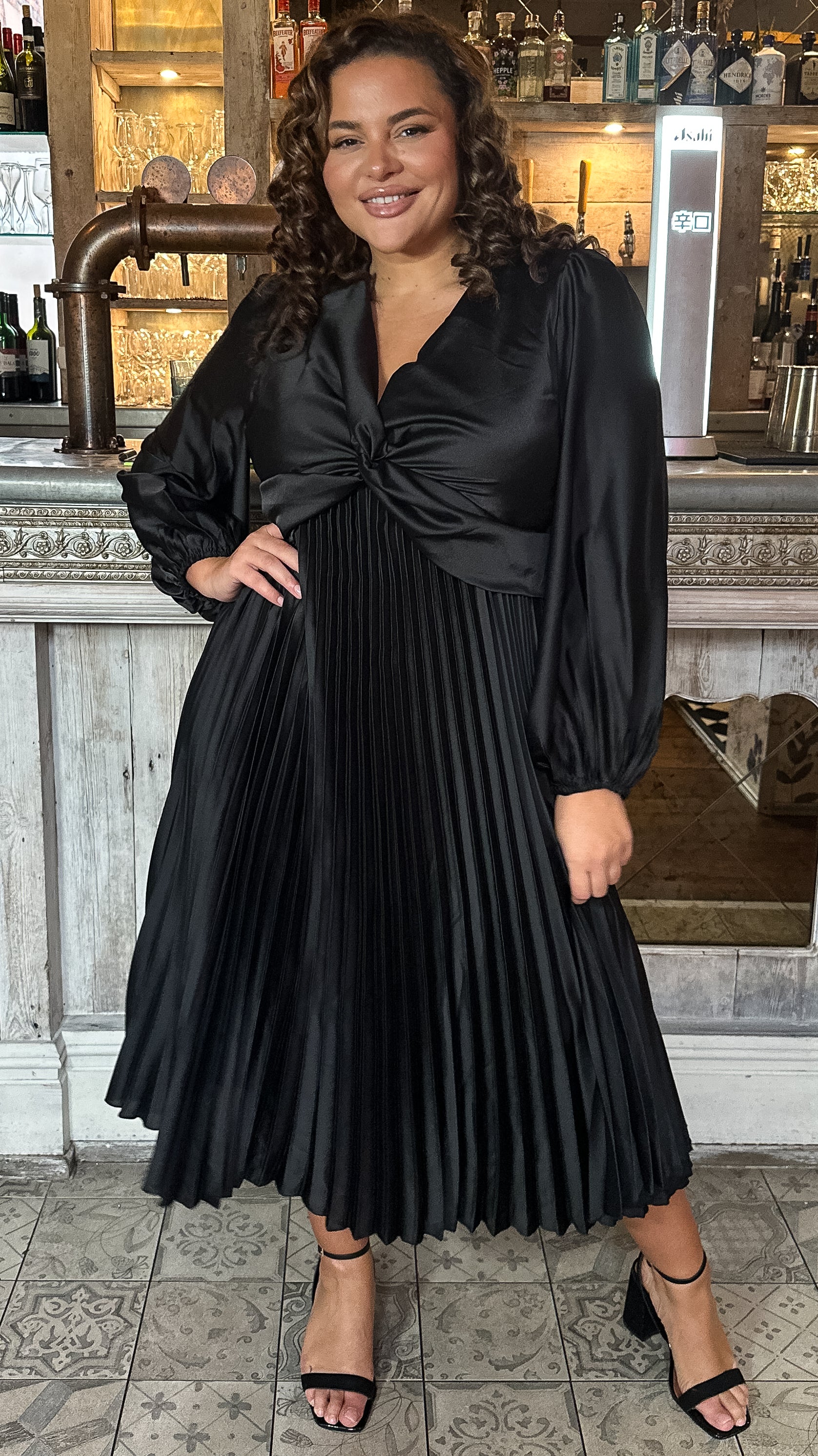 CurveWow Twist Front Satin Midi Black