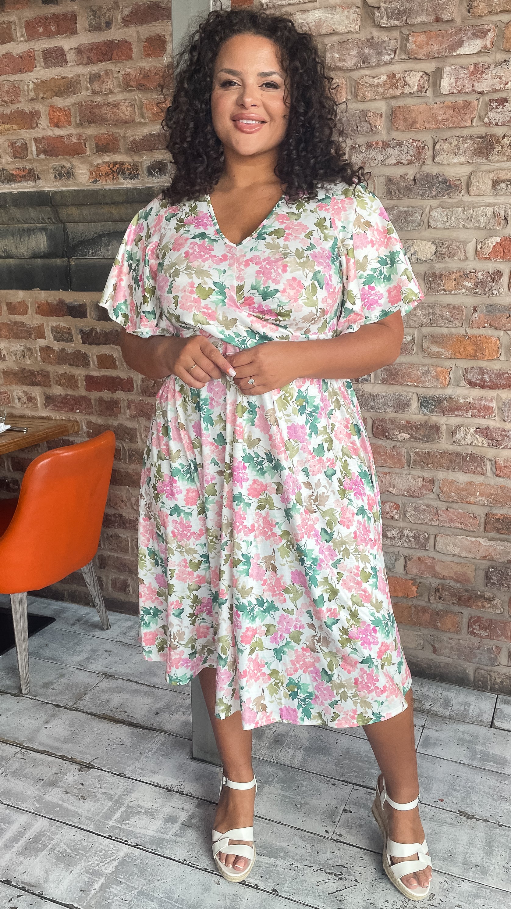 CurveWow Twist Waist Dress White Pink & Green Floral - Image 6