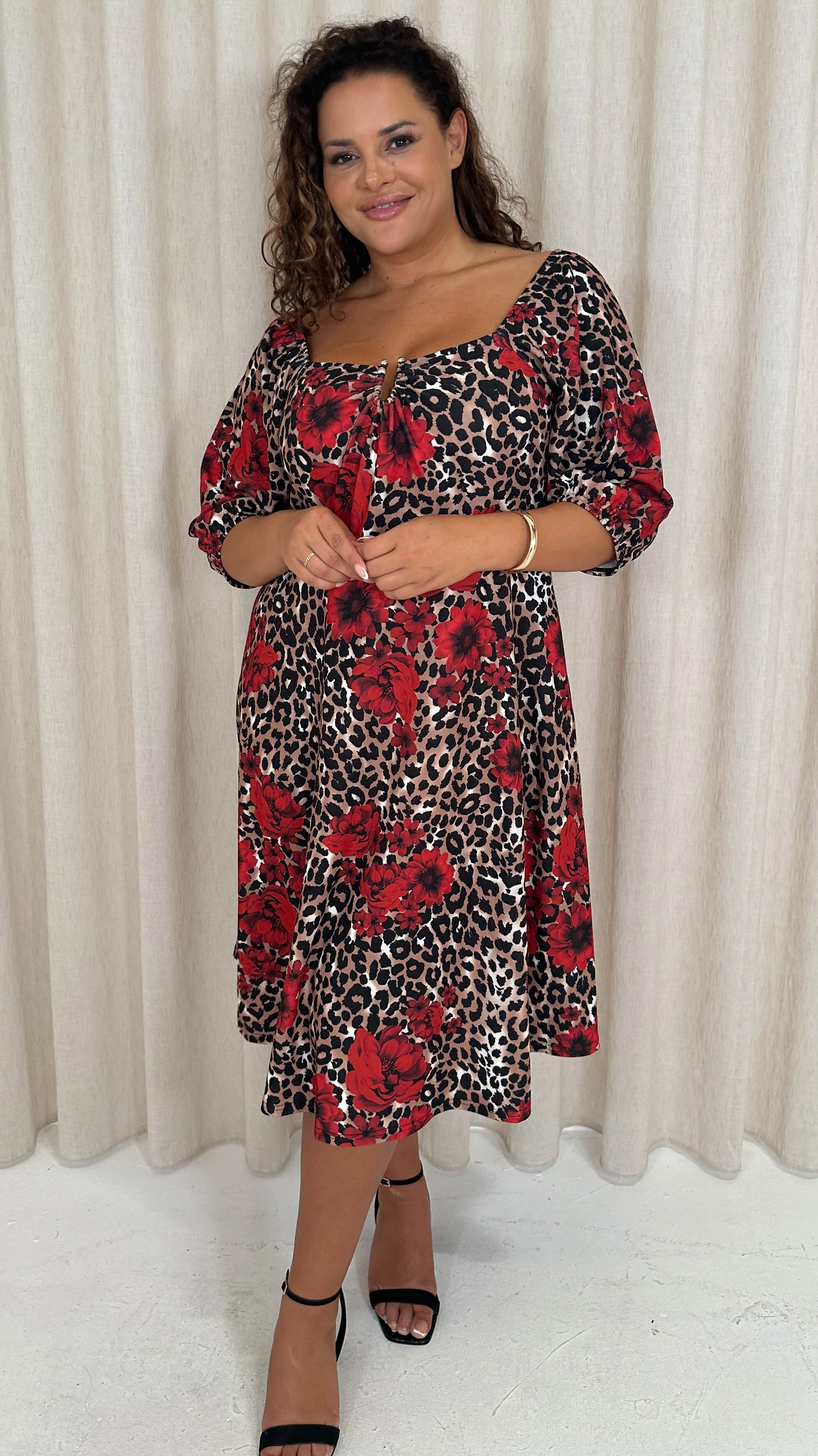 CurveWow Ubar Midi Dress Leopard Rose Print - Image 3