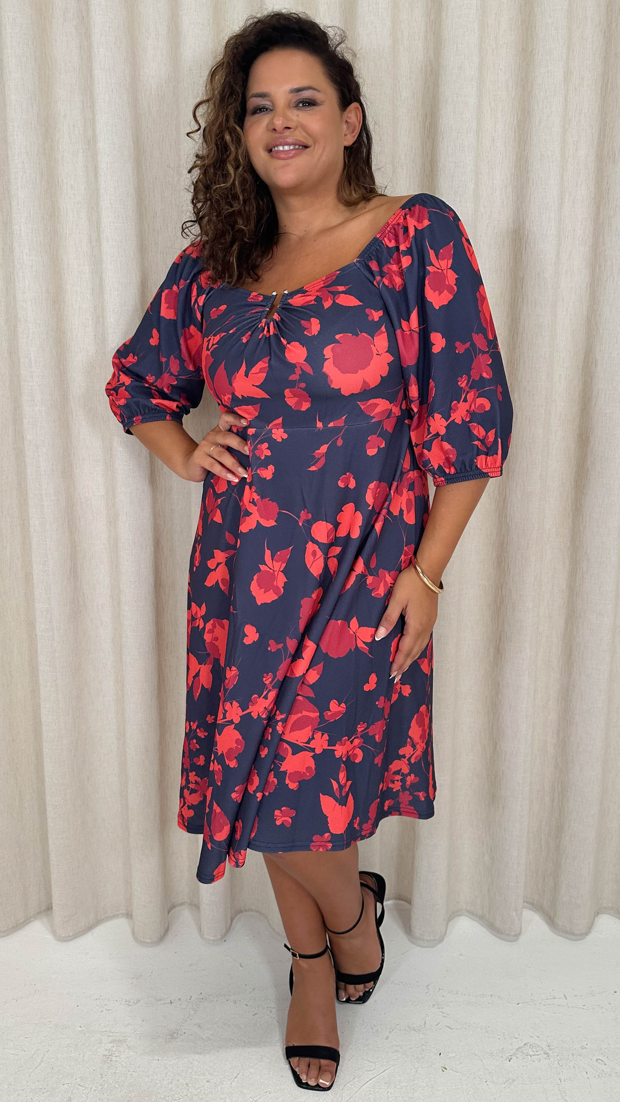 CurveWow Ubar Midi Dress Navy Red Floral - Image 5