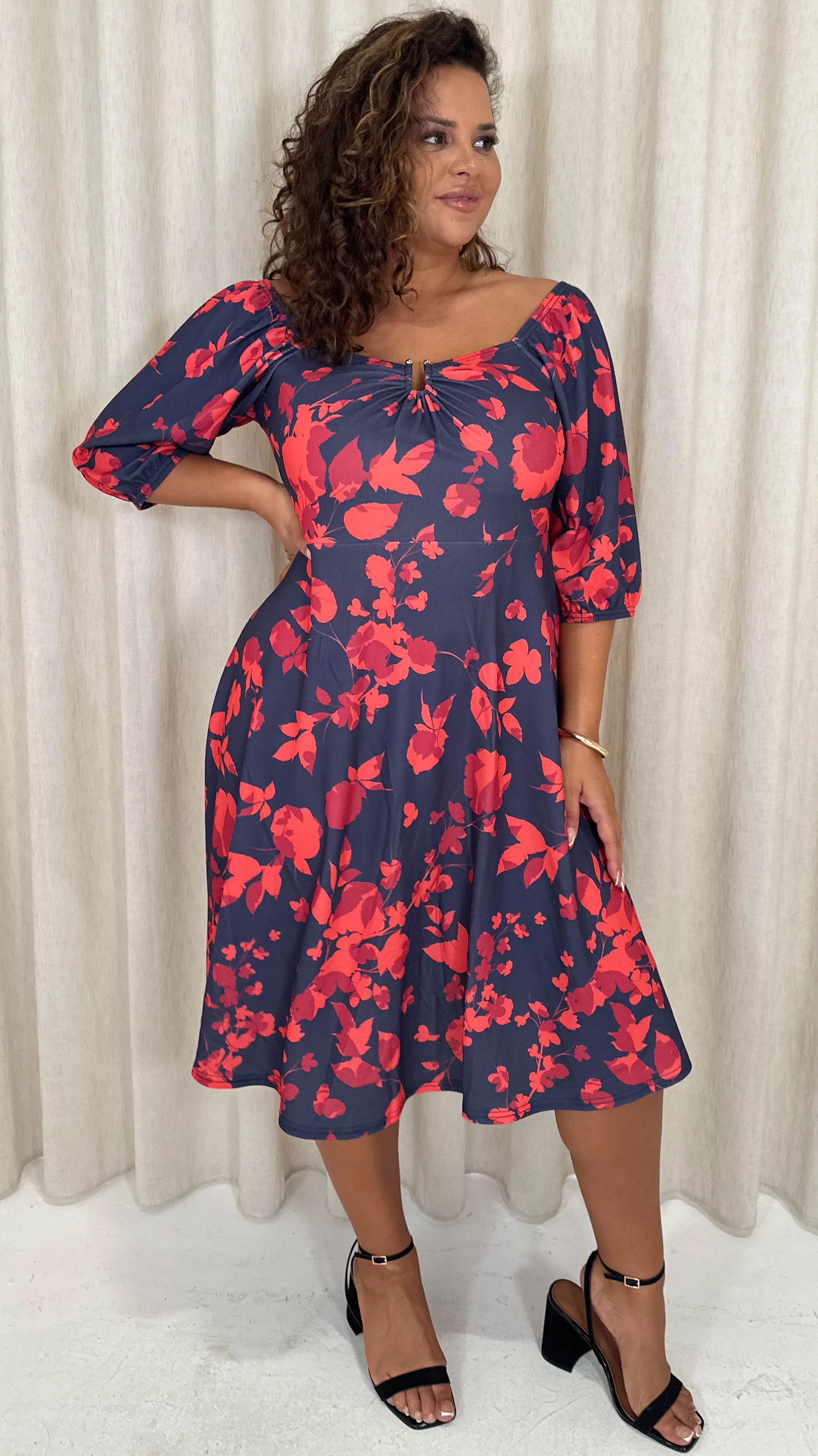 CurveWow Ubar Midi Dress Navy Red Floral - Image 6