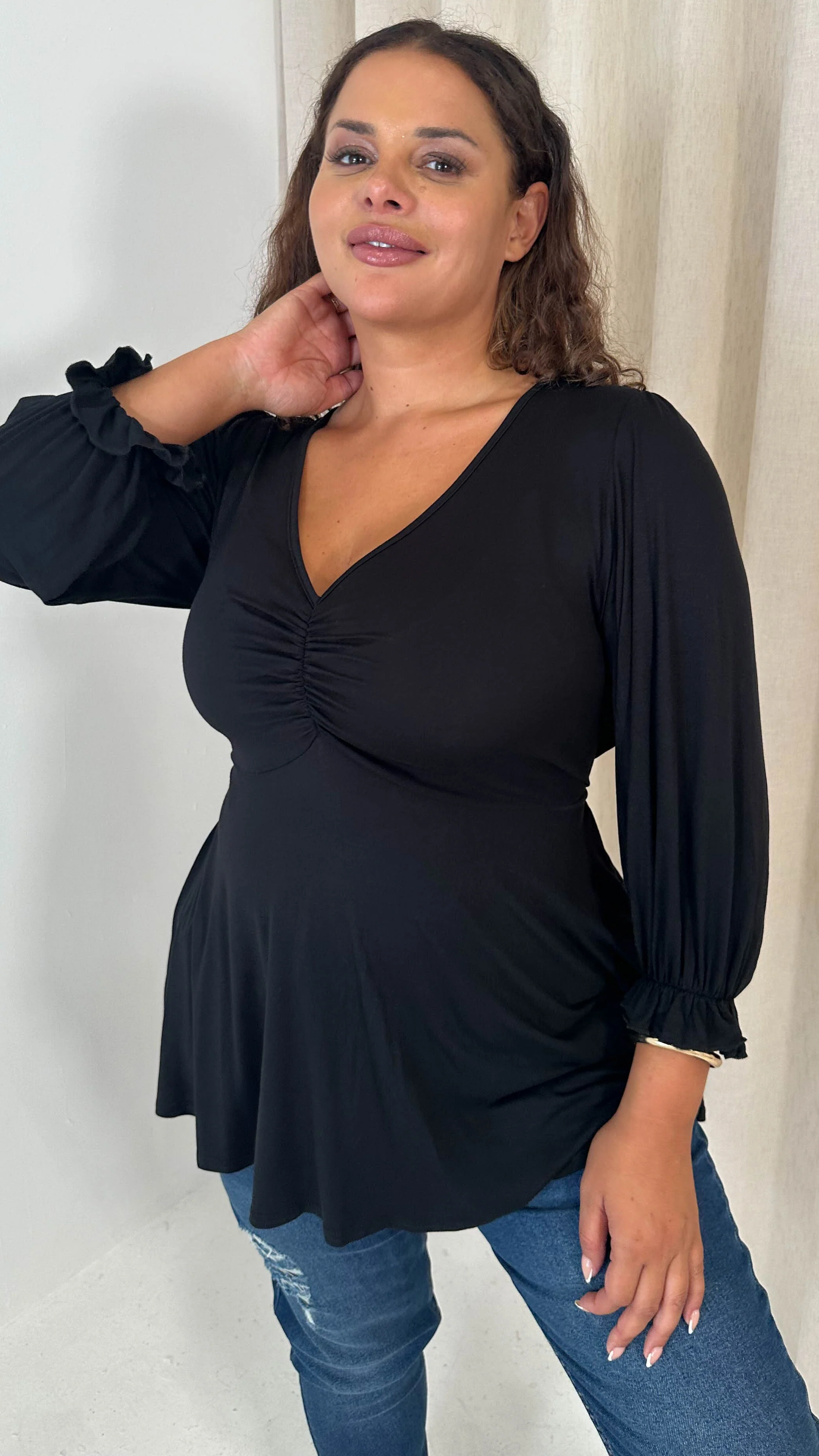 CurveWow V Neck Peplum Top Black - Image 2