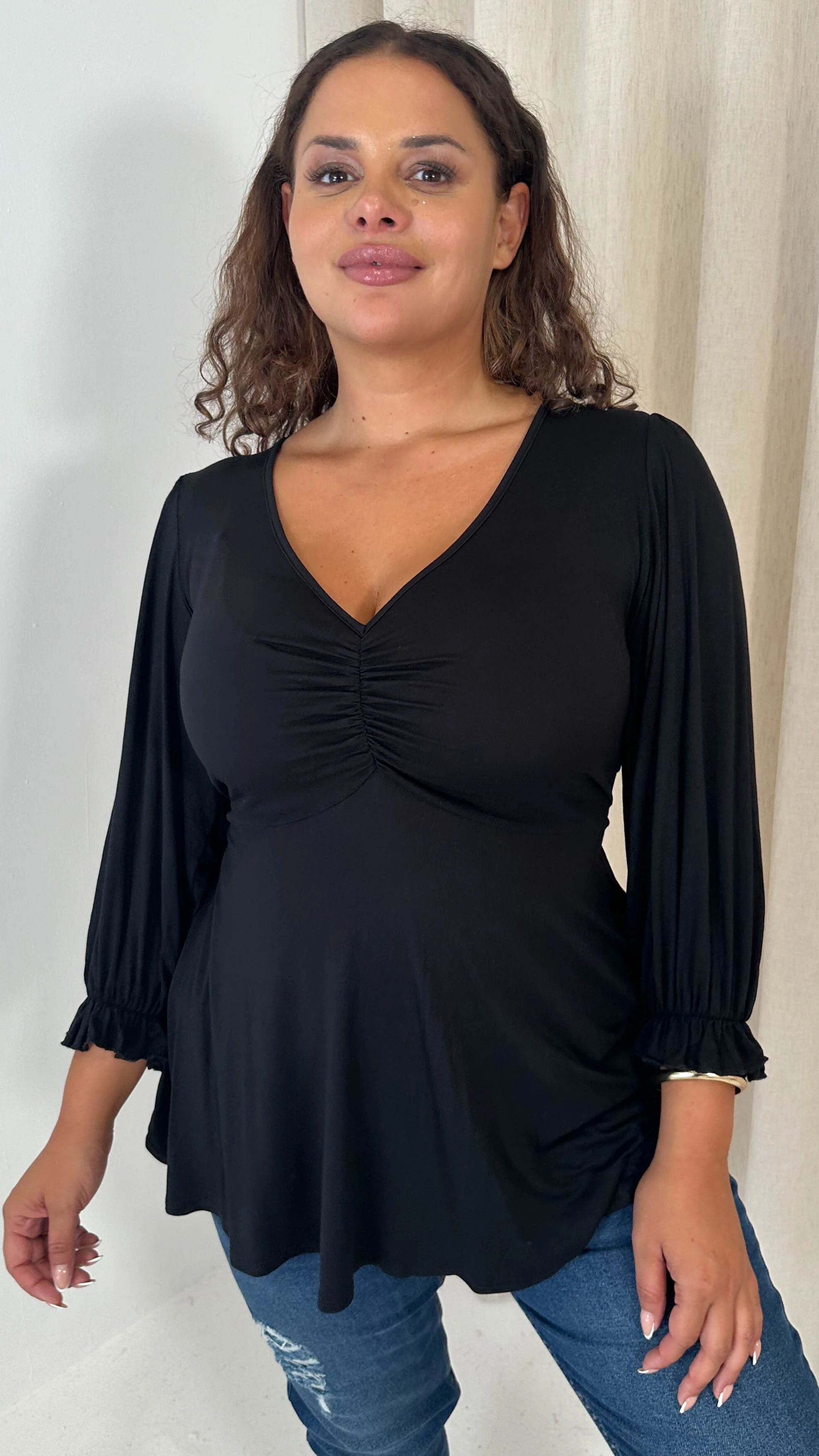 CurveWow V Neck Peplum Top Black - Image 3