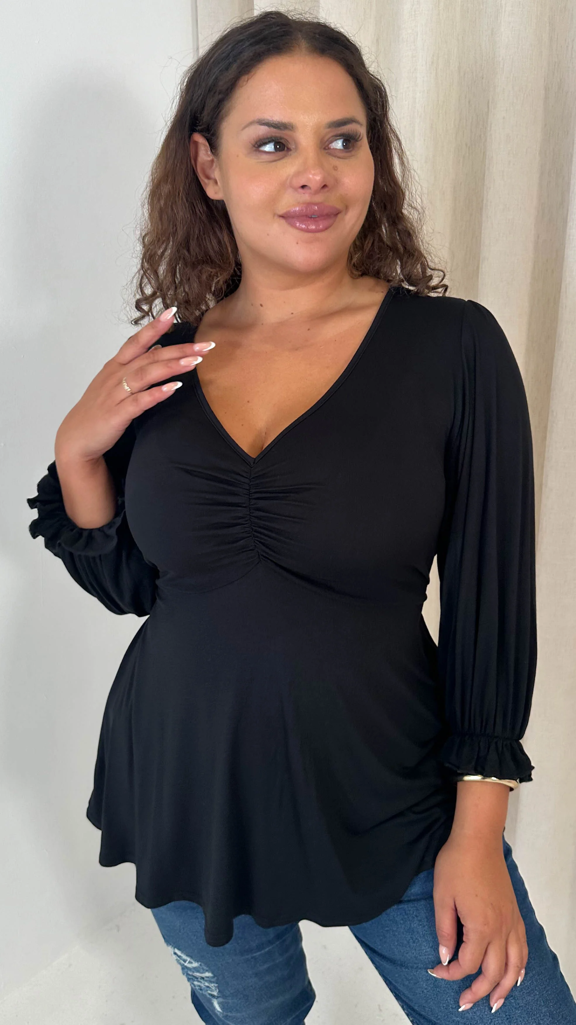 CurveWow V Neck Peplum Top Black - Image 4