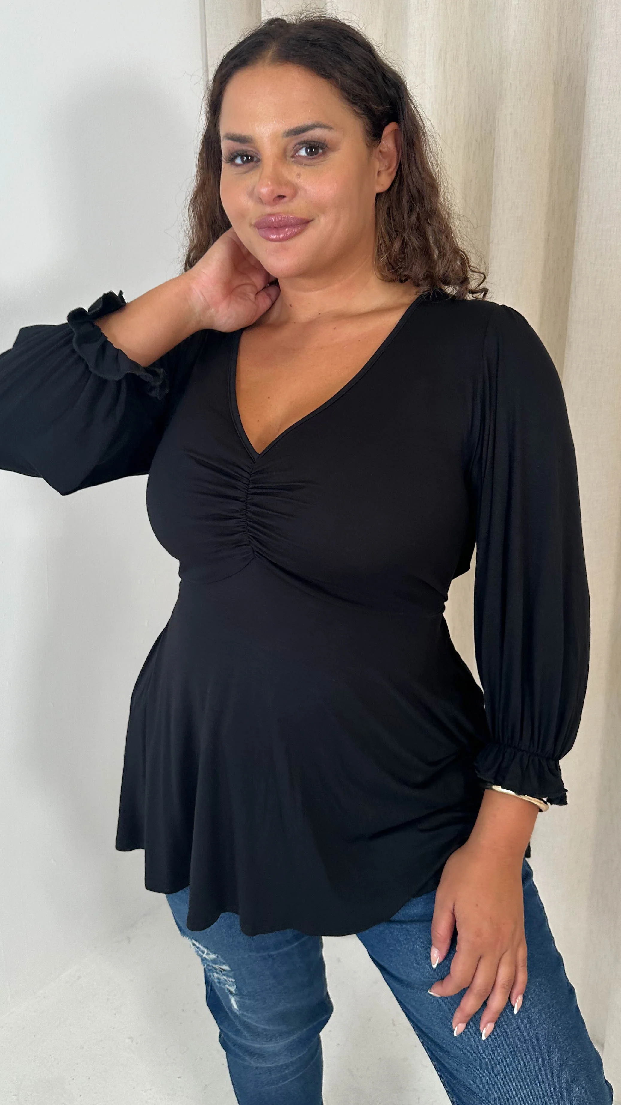 CurveWow V Neck Peplum Top Black - Image 5