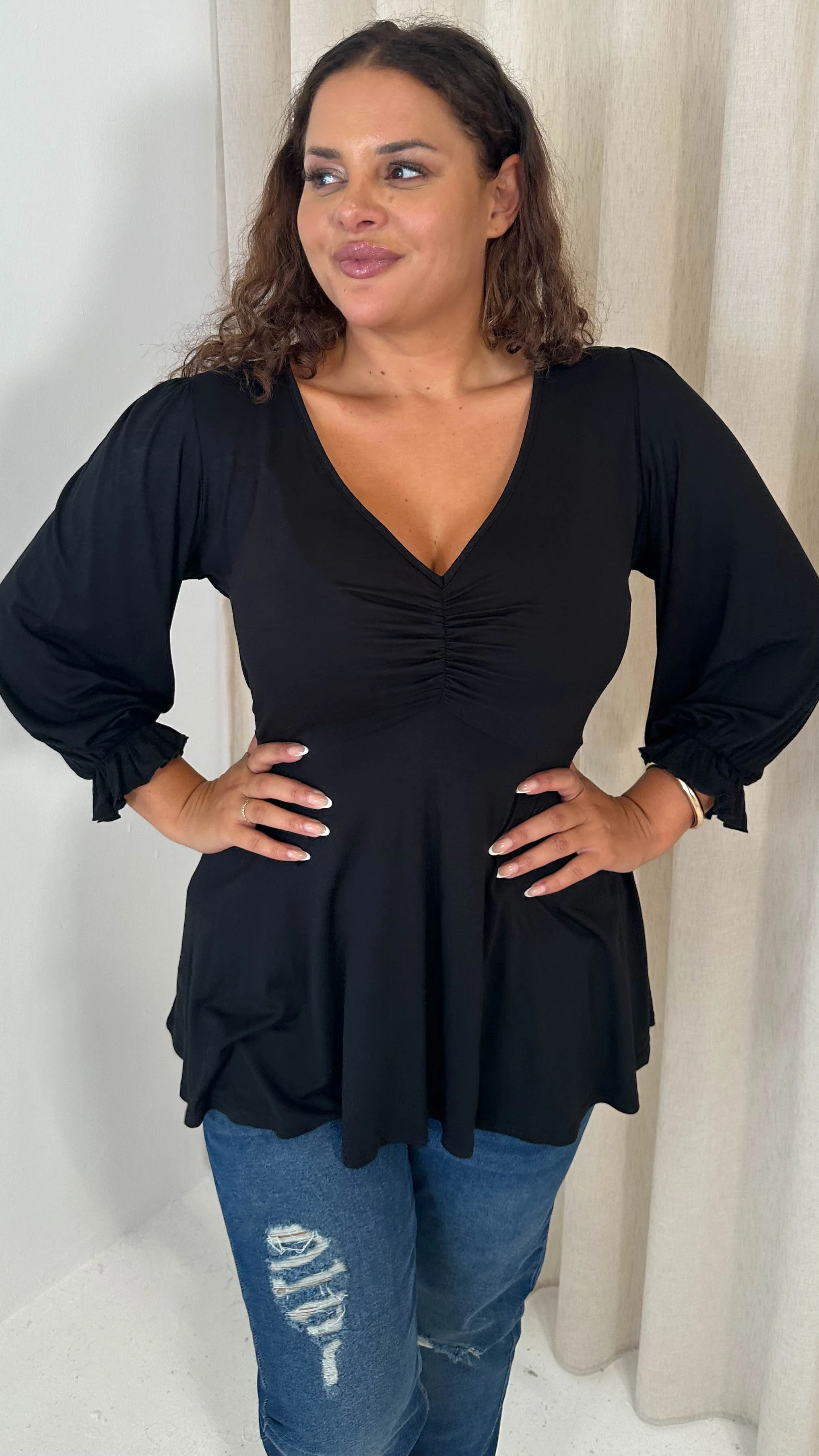 CurveWow V Neck Peplum Top Black - Image 6