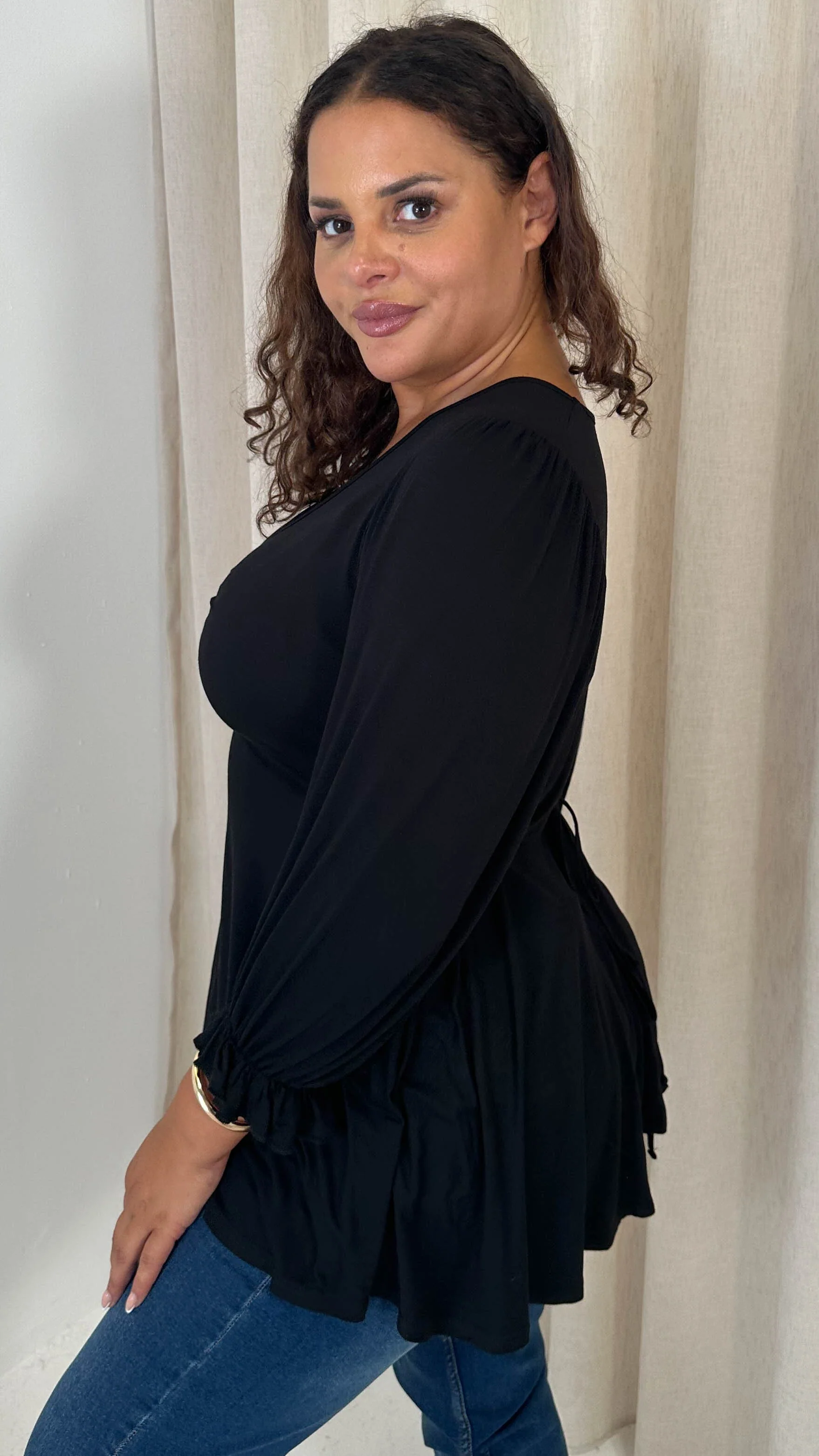 CurveWow V Neck Peplum Top Black - Image 7