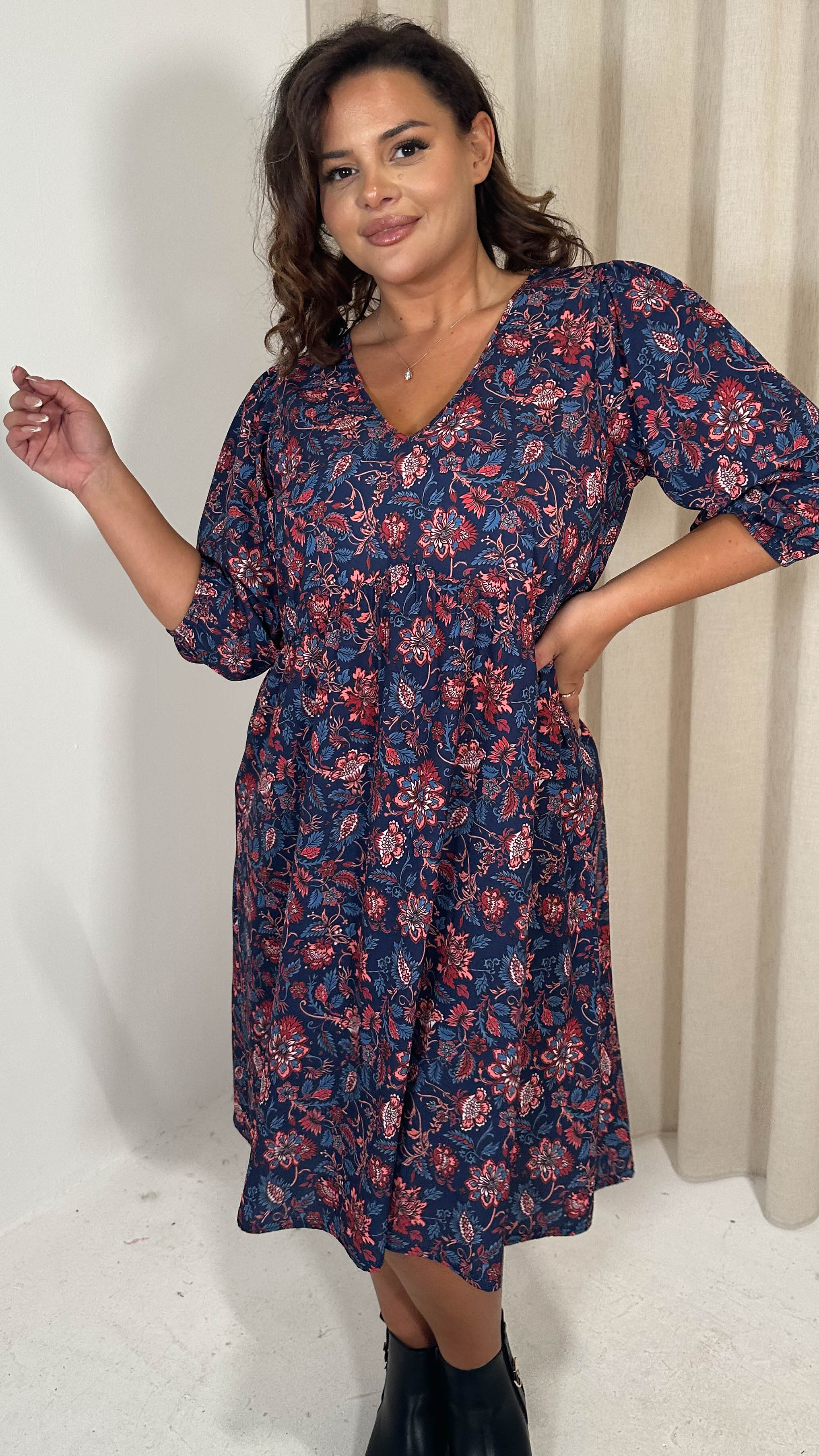 CurveWow V Neck Smock Dress Multi Paisley Print - Image 3