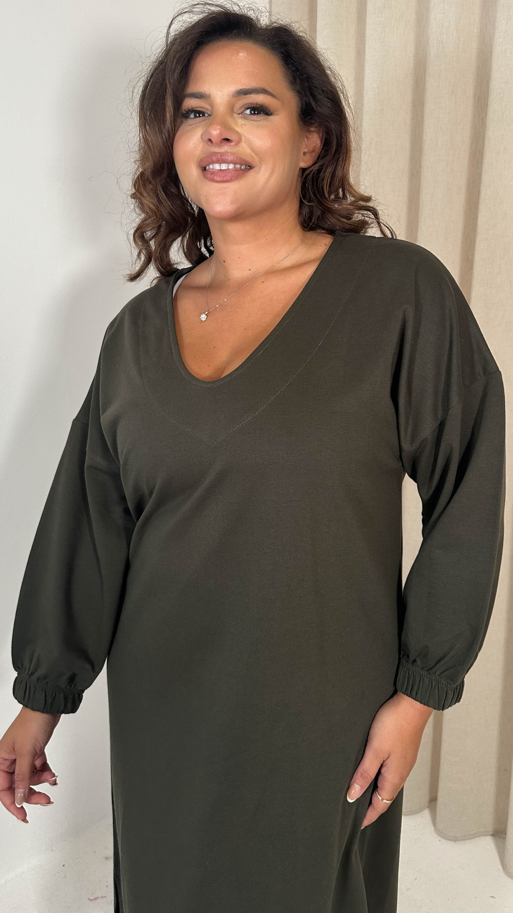 CurveWow V Neck Sweat Maxi Dress Khaki - Image 2