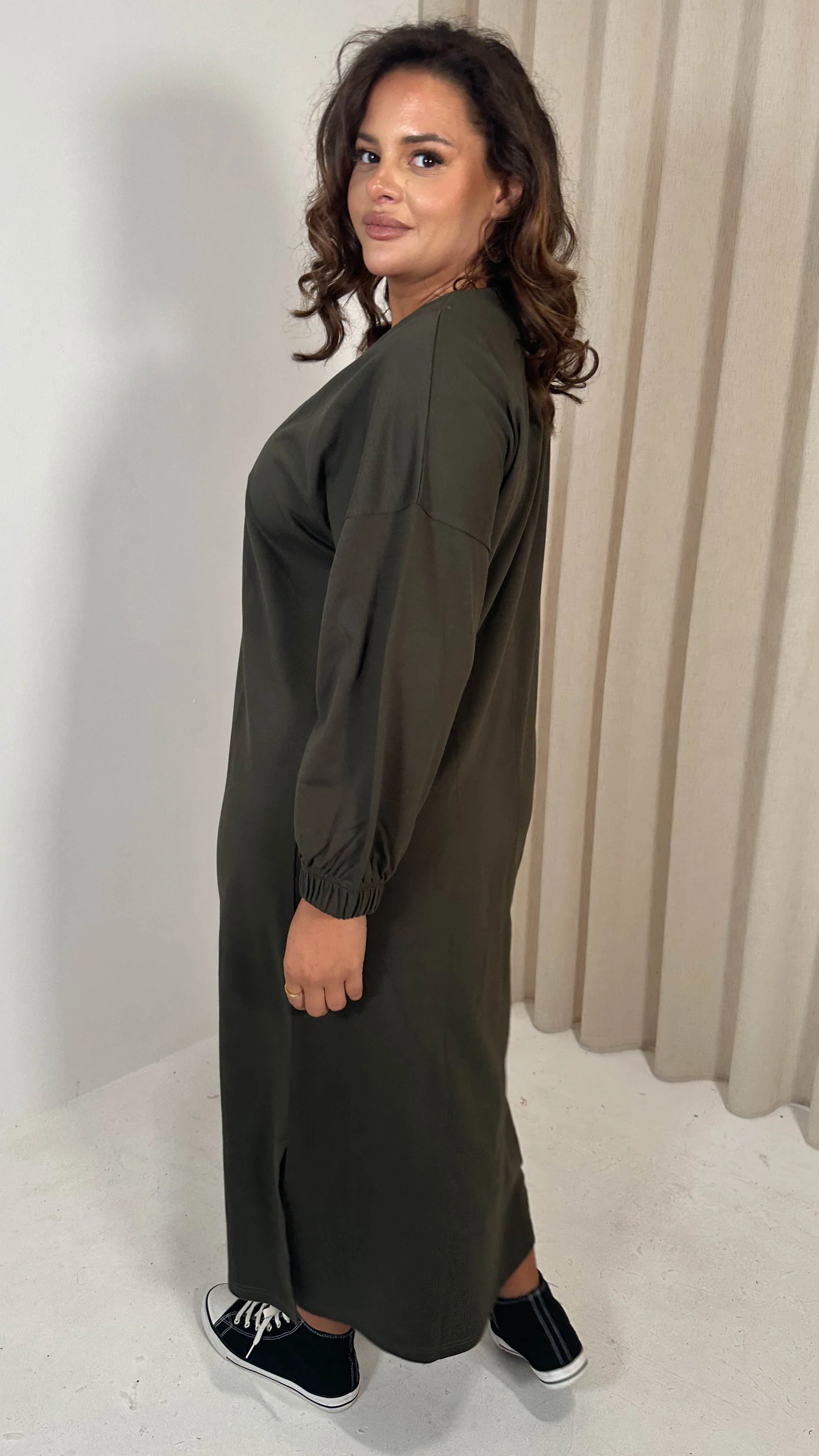 CurveWow V Neck Sweat Maxi Dress Khaki - Image 4