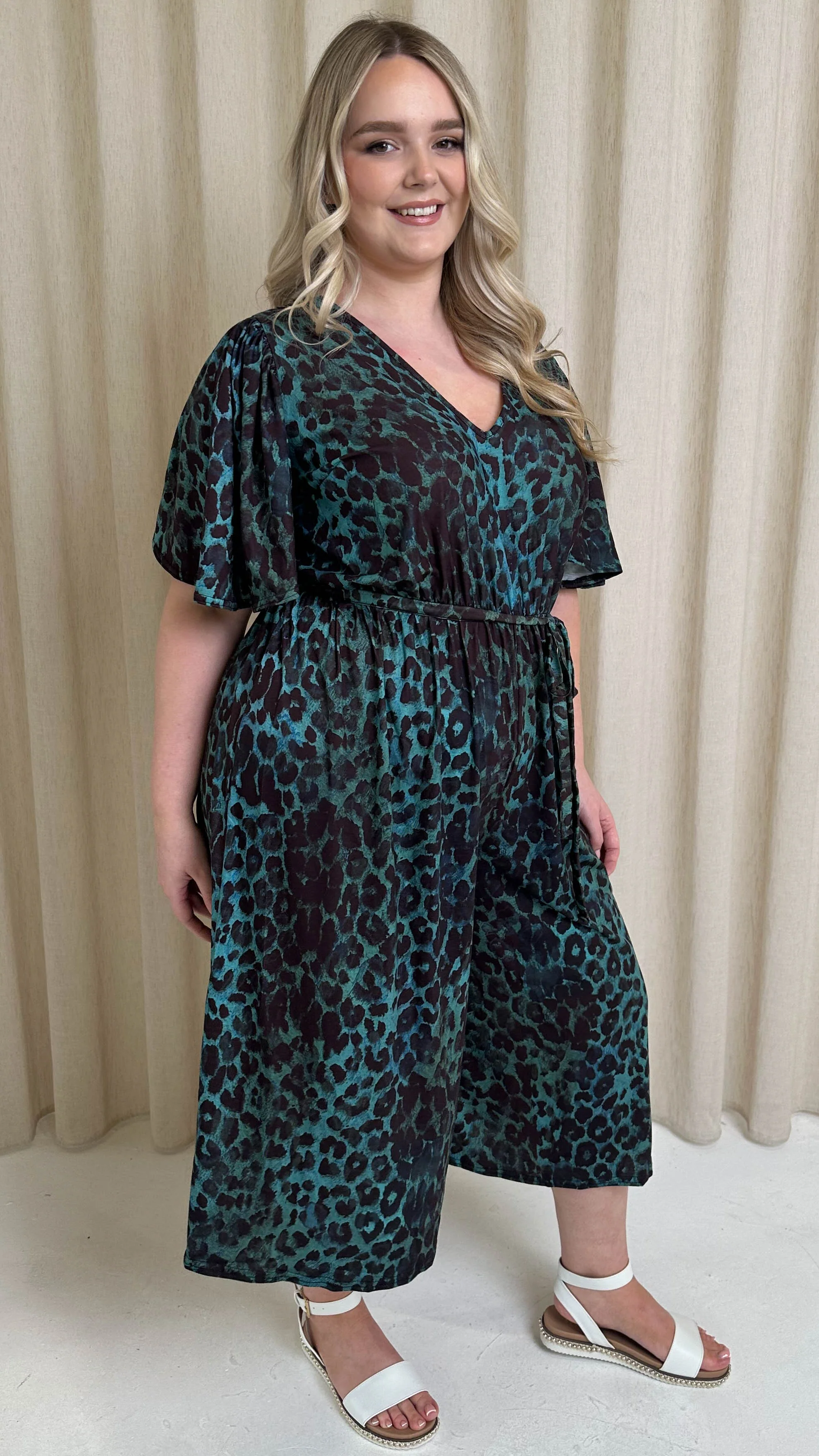 CurveWow V Neck Tie Waist Culotte Jumpsuit Green Animal - Image 5