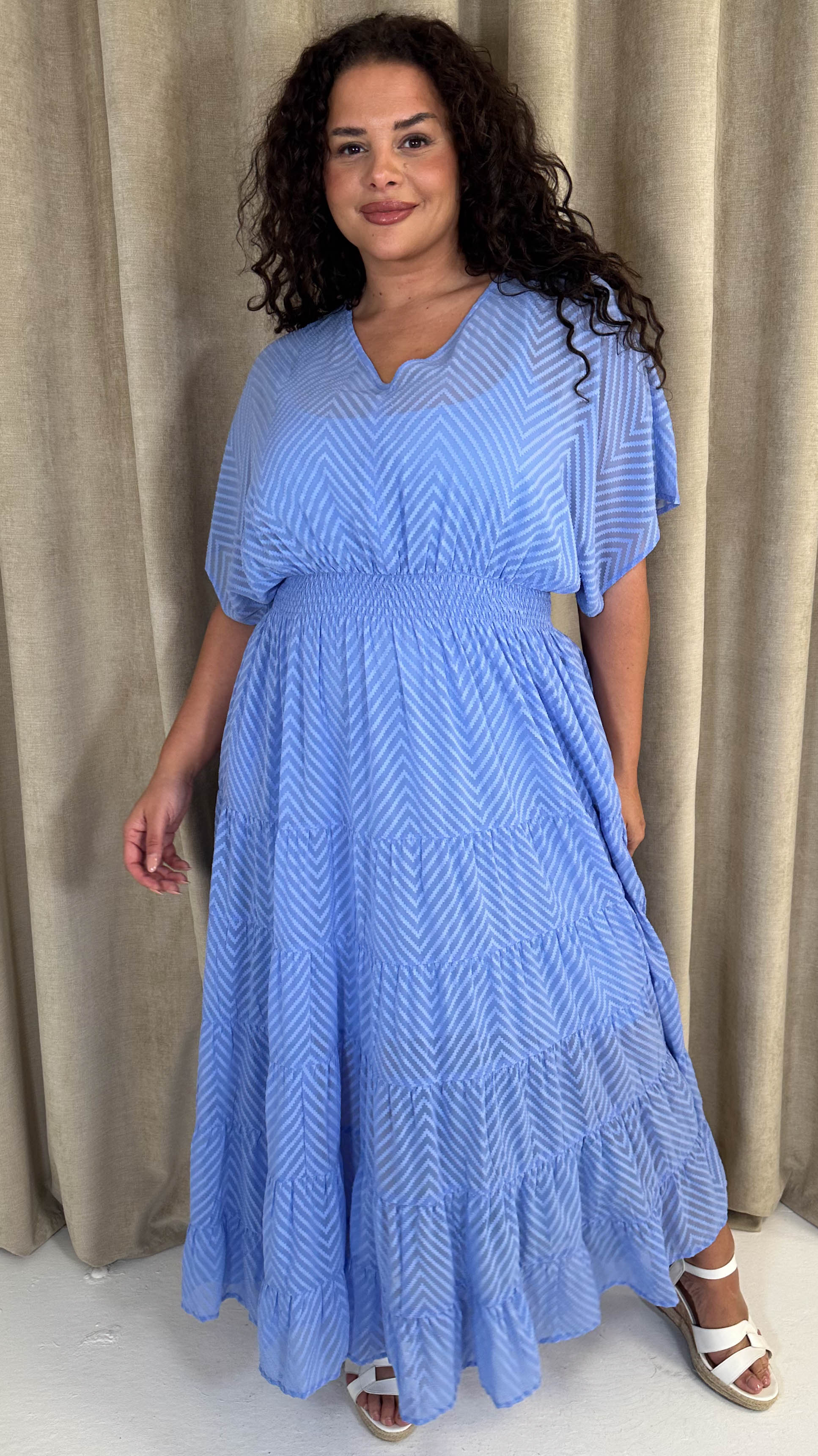 CurveWow V Neck Shirred Waist Maxi Dress Blue - Image 4